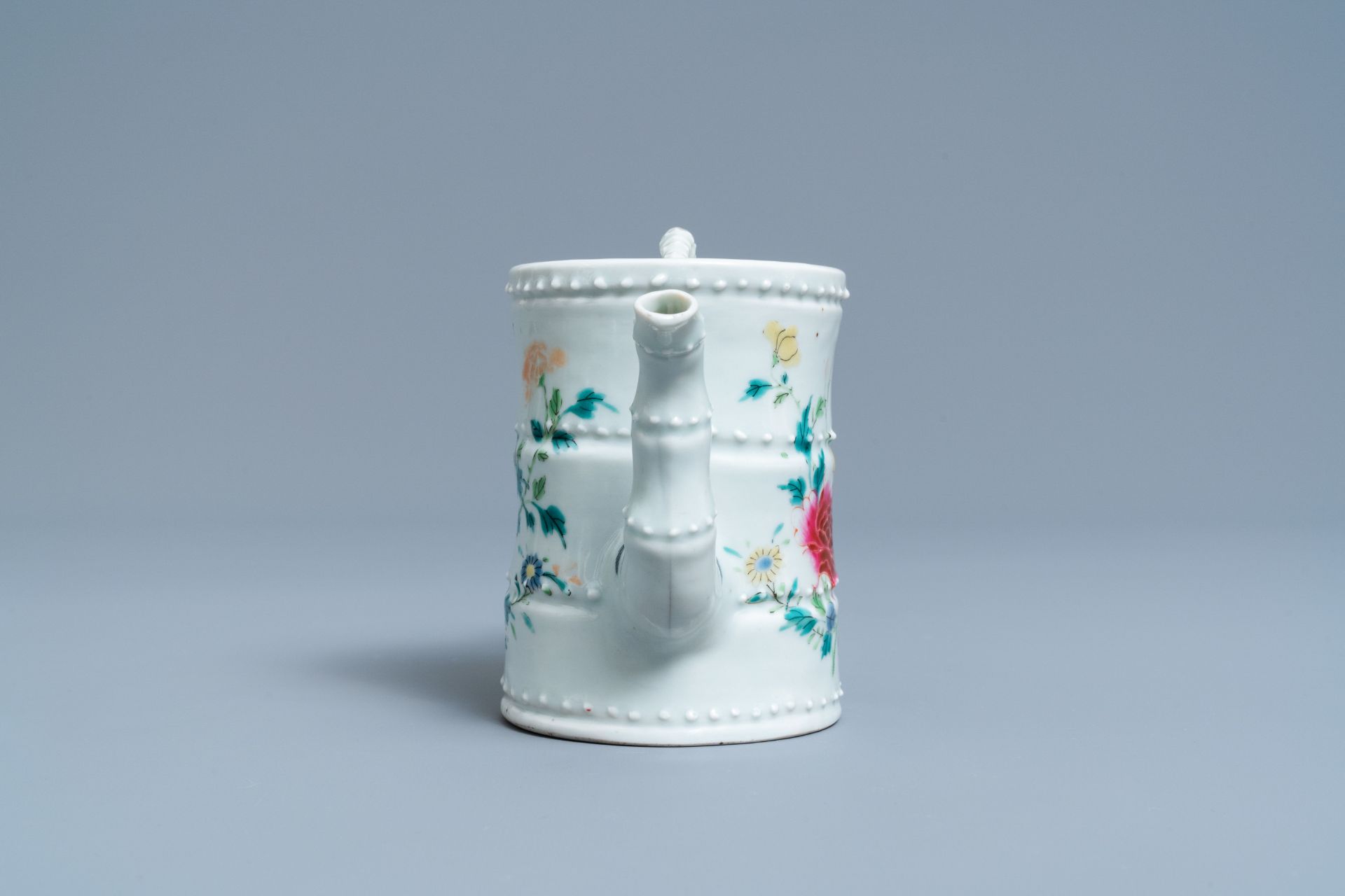 A Chinese famille rose bamboo-shaped teapot and cover, 19th C. - Image 3 of 7