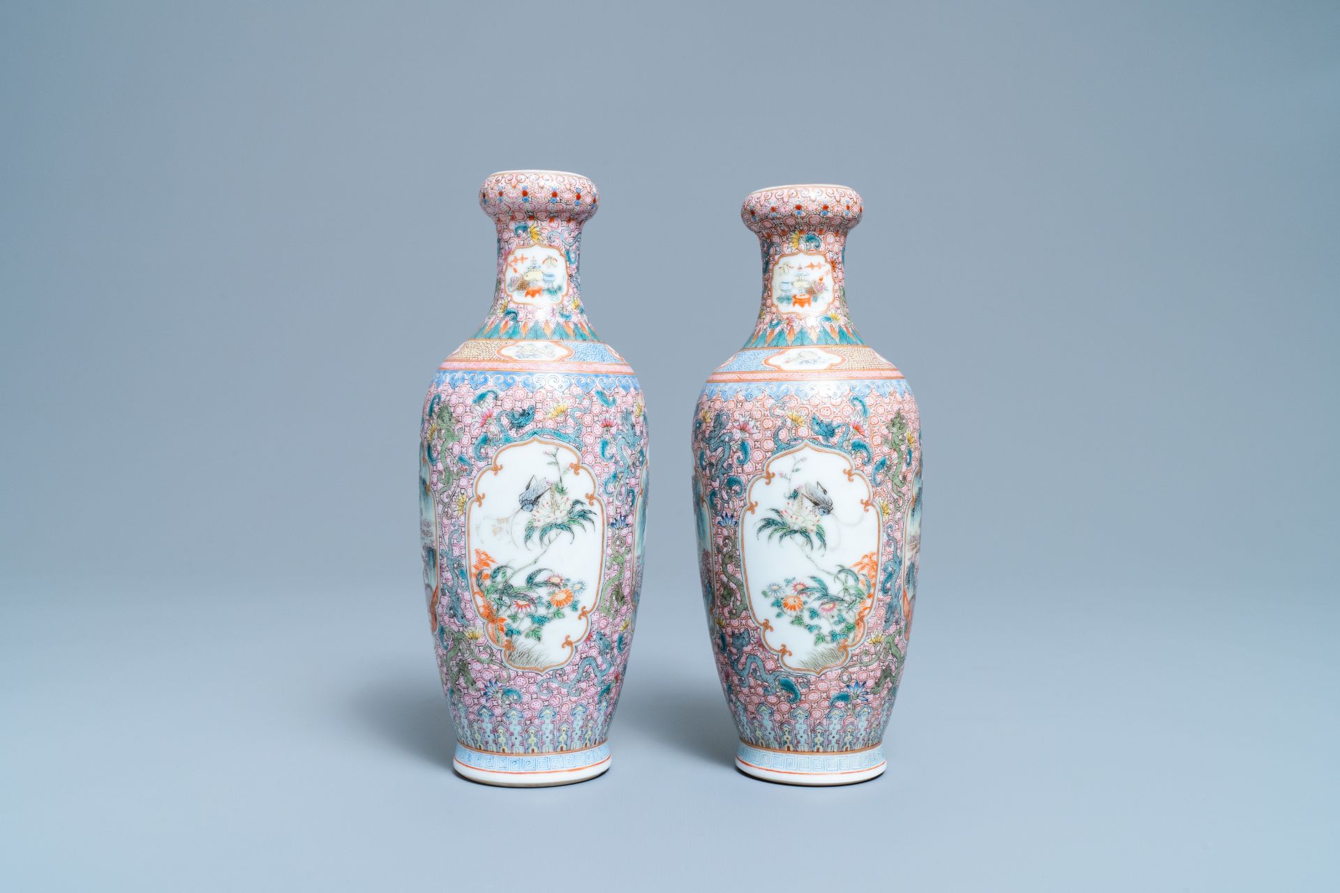 A pair of Chinese famille rose vases with tigers, Qianlong mark, 20th C. - Image 4 of 6