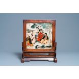 A Chinese wooden table screen with painted marble plaque, 19th C.