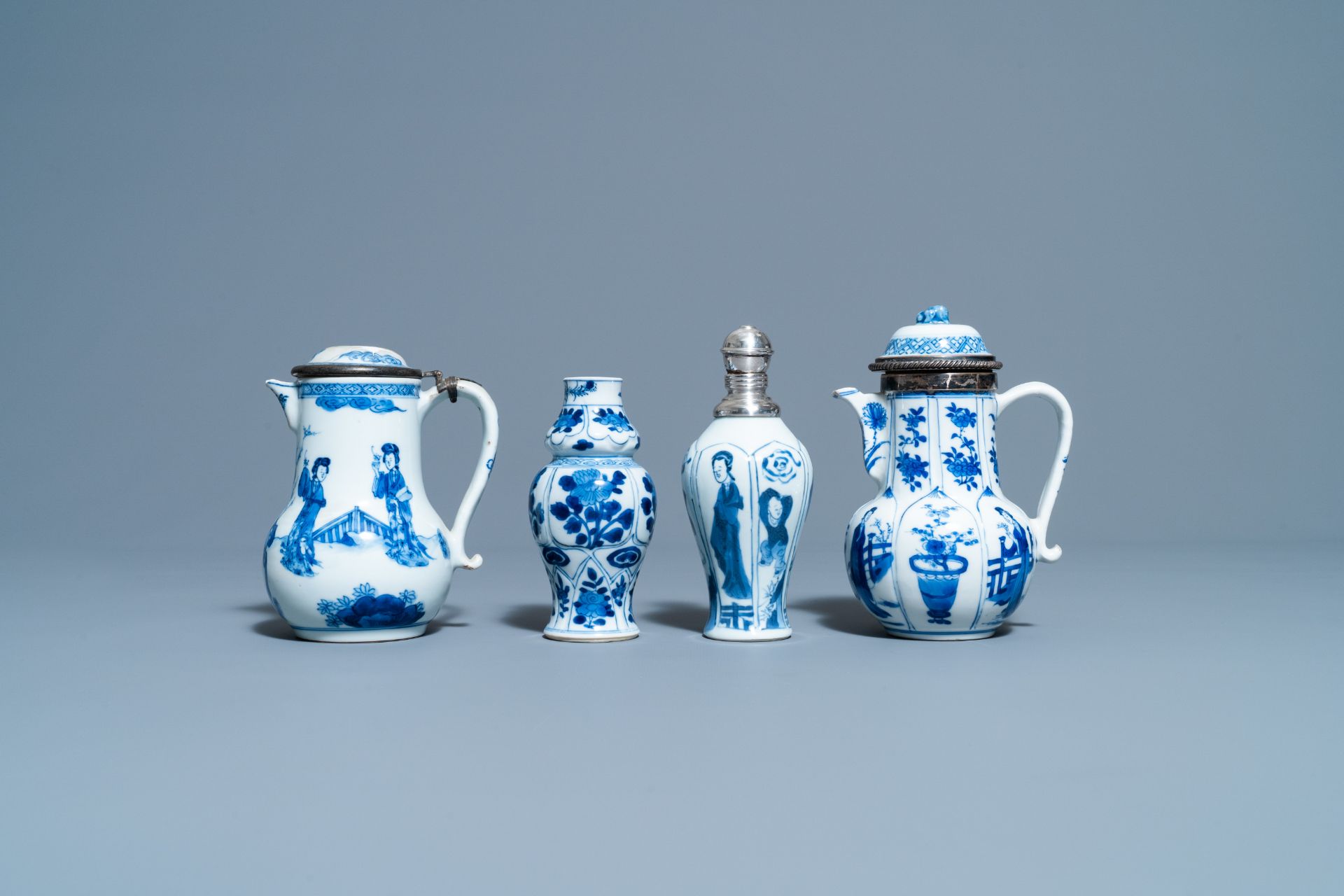 Two Chinese blue and white ewers and covers and two small vases, Kangxi - Image 2 of 8