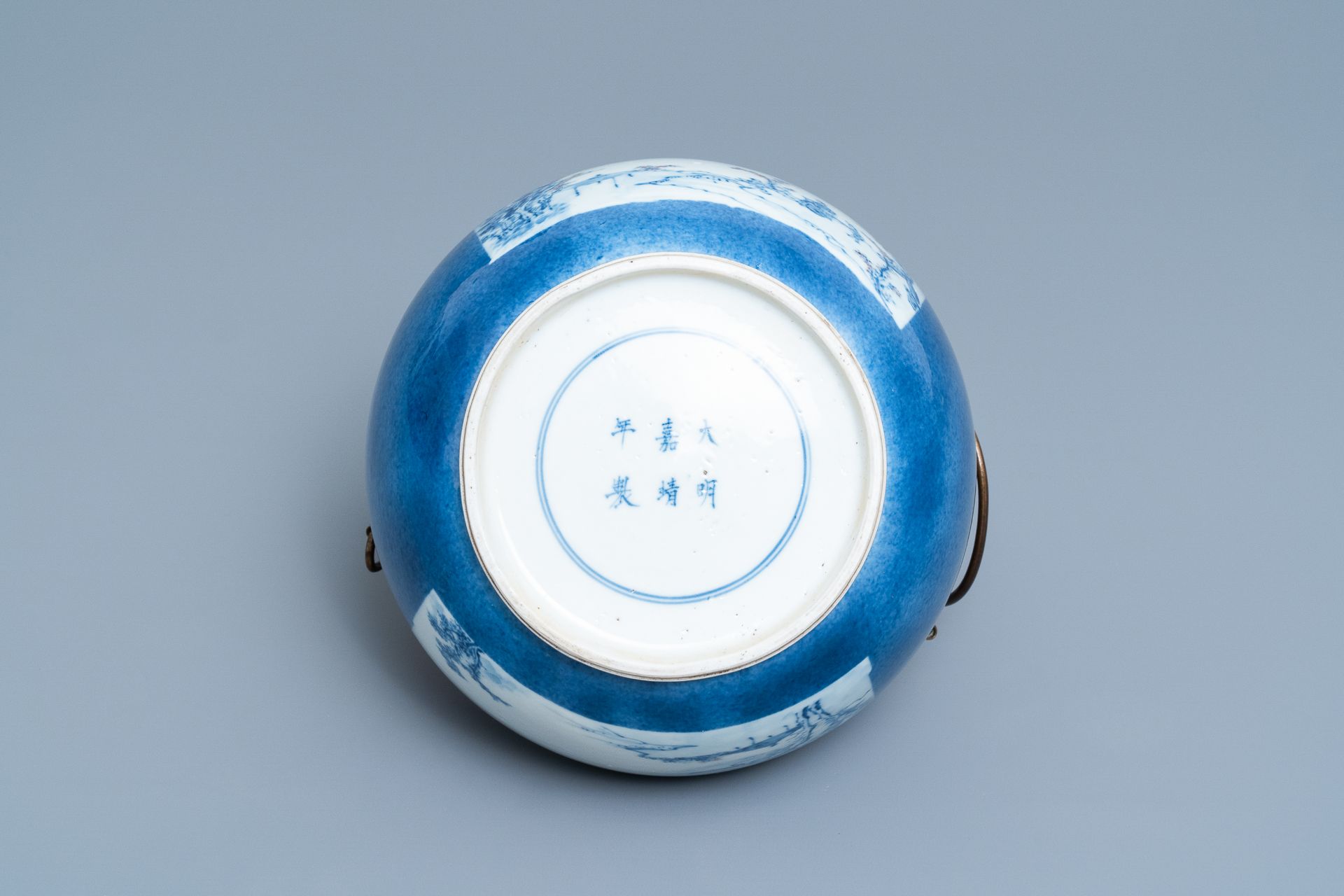 A Chinese blue, white and copper red powder blue-ground bowl, Jiajing mark, Kangxi - Image 6 of 17