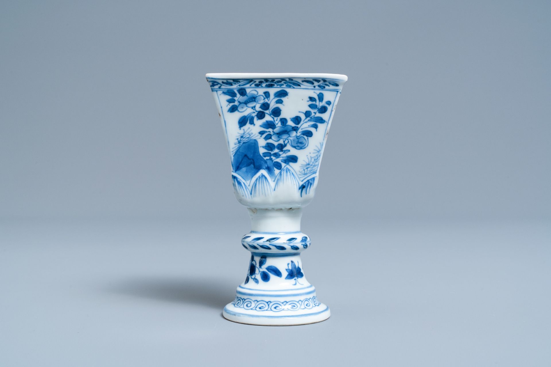 A rare Chinese blue and white tapered square quadrangular stem cup, Kangxi - Image 5 of 7