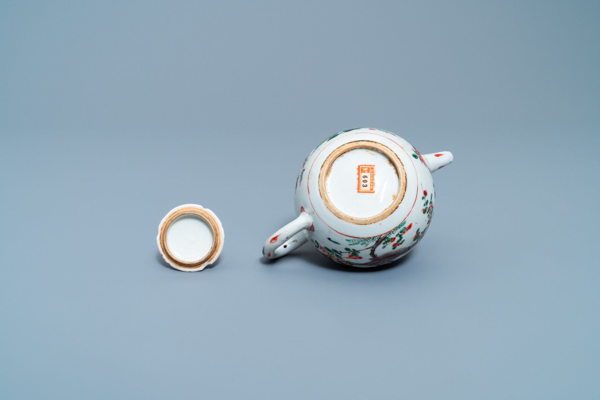 Two Chinese famille verte cup stands, a teapot and a plate, Kangxi - Image 11 of 34