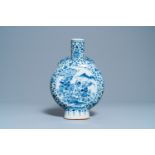 A Chinese blue and white 'moonflask' vase with warriors on horseback, 19th C.