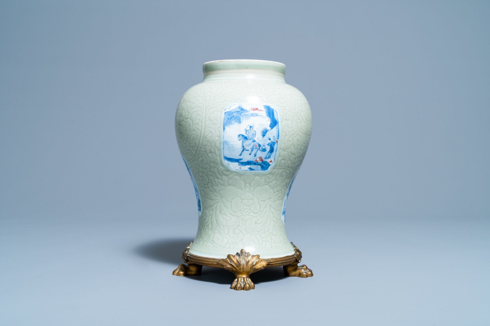 A Chinese incised celadon-glazed vase with blue, white and copper red panels, Kangxi - Image 12 of 14