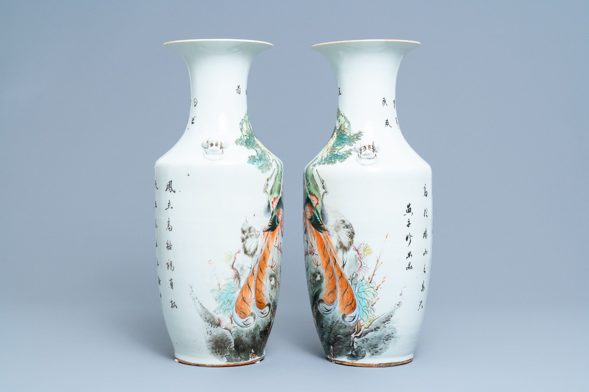 Two pairs of Chinese qianjiang cai vases with birds, 19/20th C. - Image 11 of 13