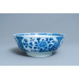 A large Chinese blue and white bowl with floral design, Qianlong