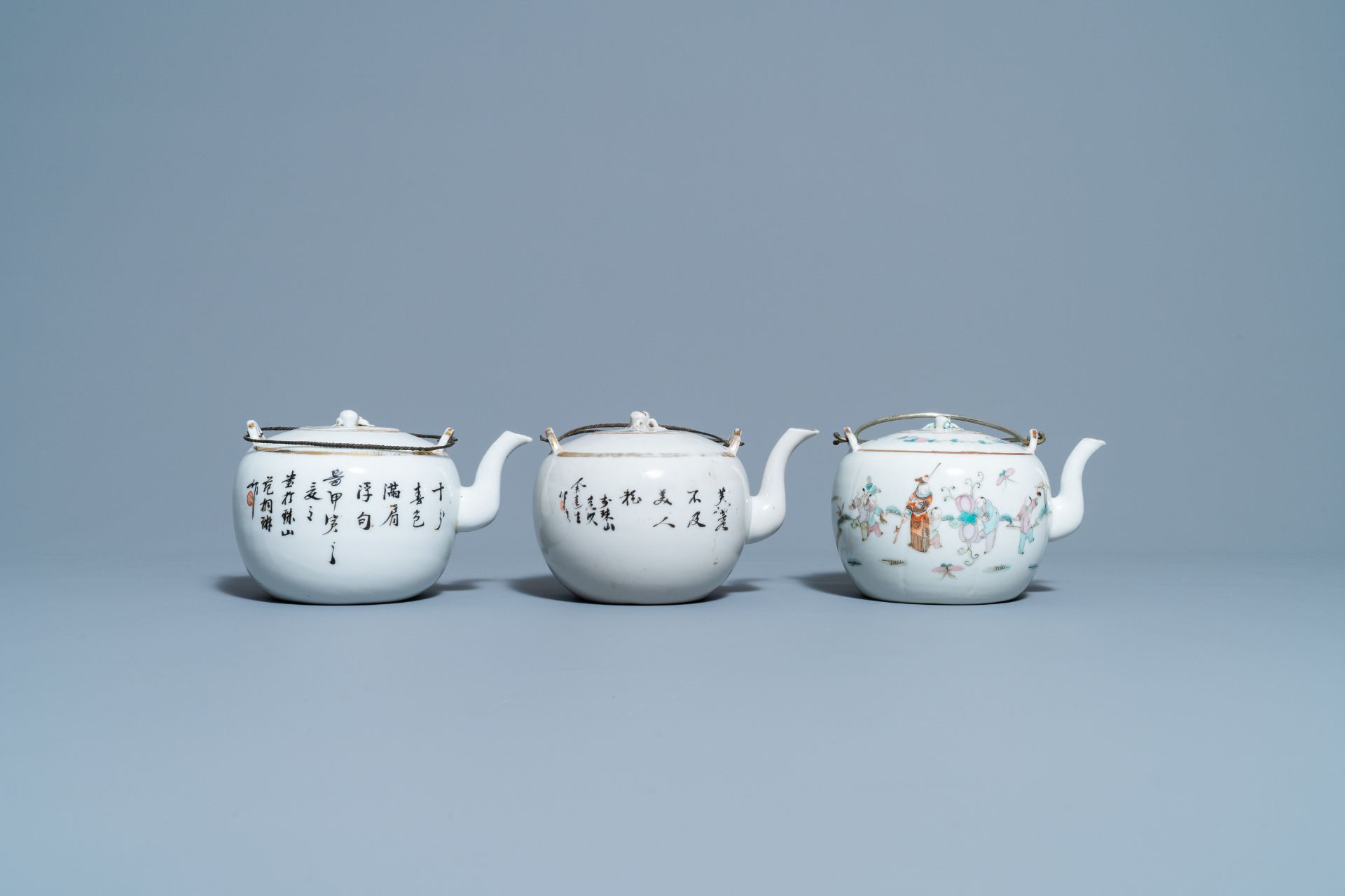 Four Chinese famille rose teapots, three bowls and a caddy, 19/20th C. - Image 5 of 20