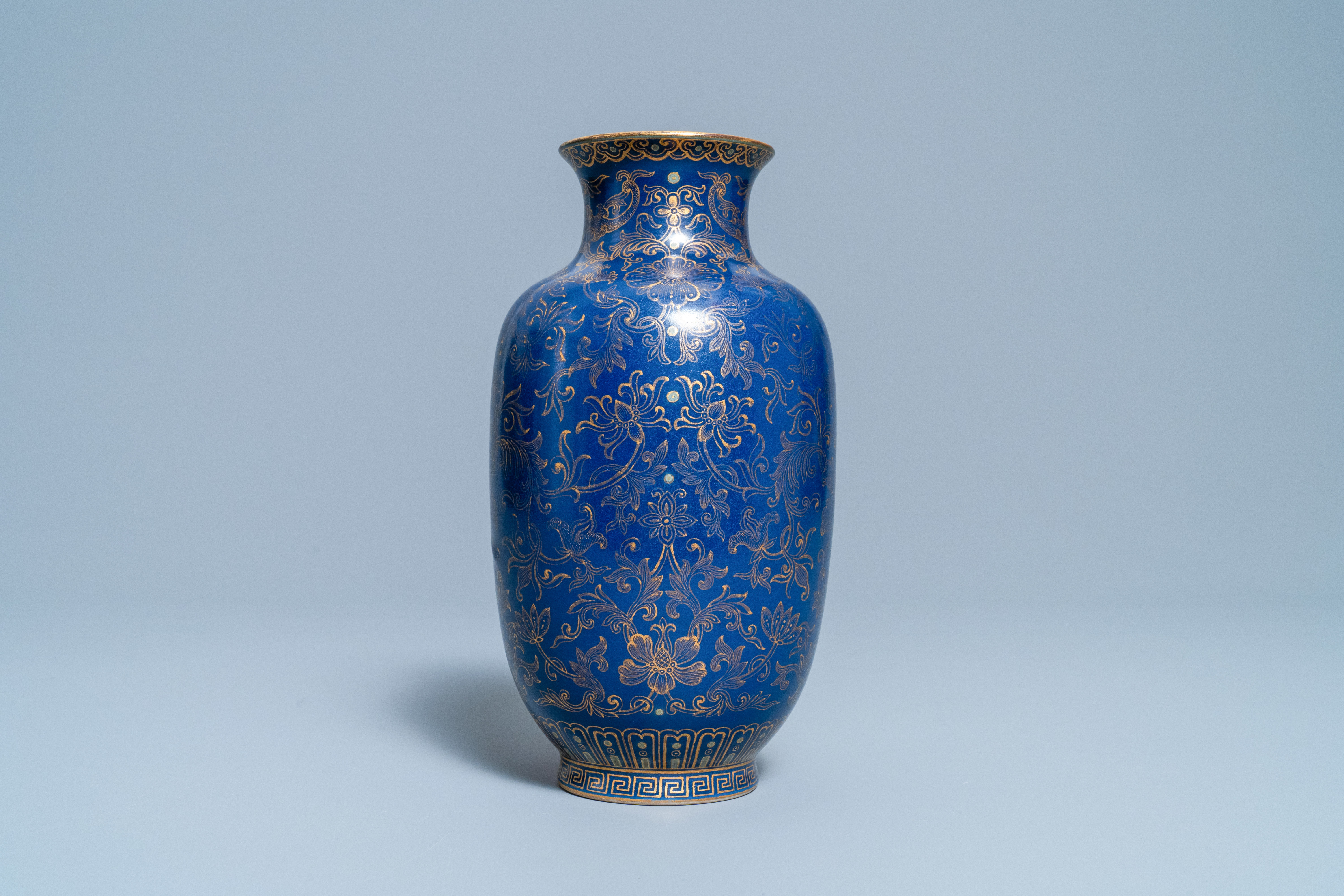 A Chinese gilt-decorated monochrome blue vase, Qianlong mark, Republic - Image 2 of 6