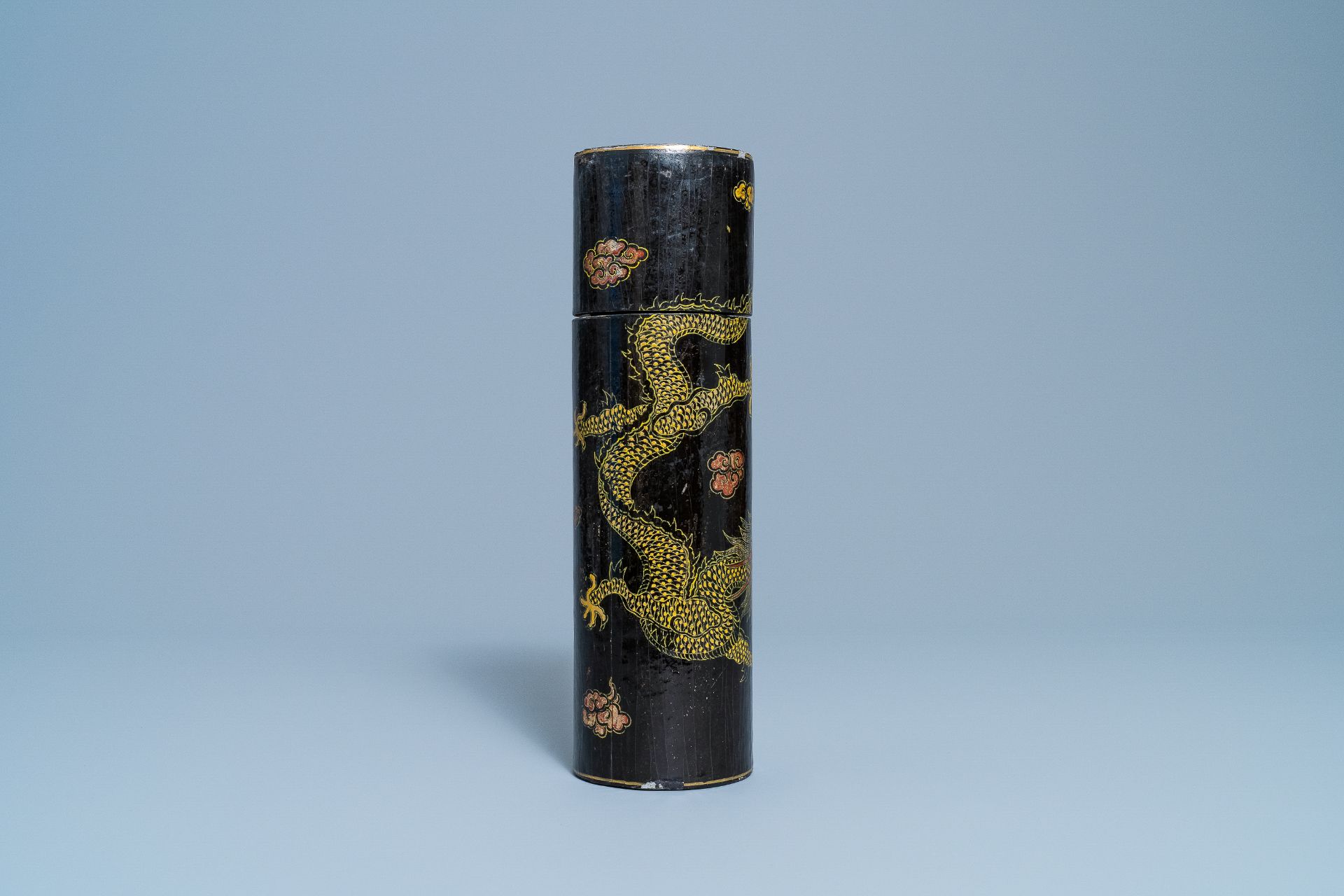 An imperial Chinese cylindrical painted and lacquered wood edict container, 17/18th C. - Image 5 of 34