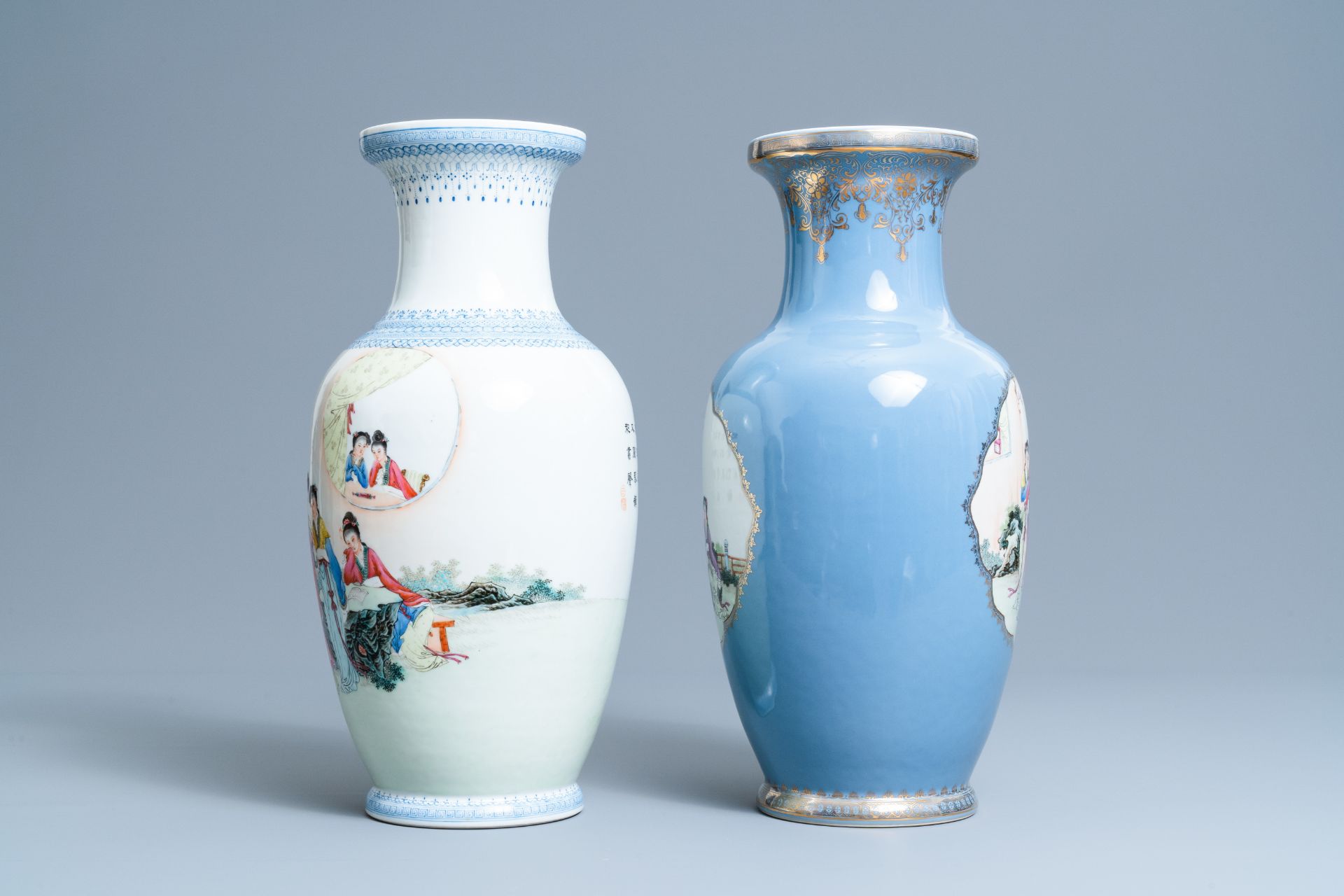 Two fine Chinese famille rose vases, Qianlong marks, Republic - Bild 4 aus 6