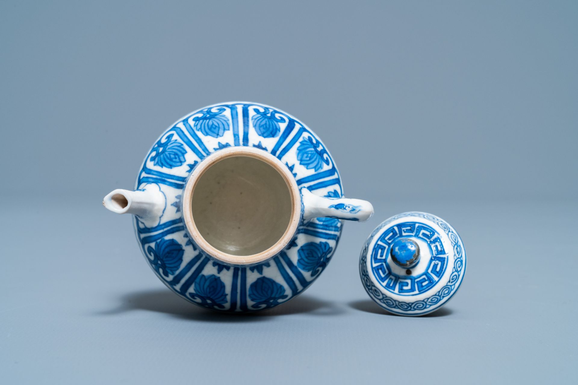 A Chinese blue and white soft paste miniature teapot, Kangxi - Image 7 of 7