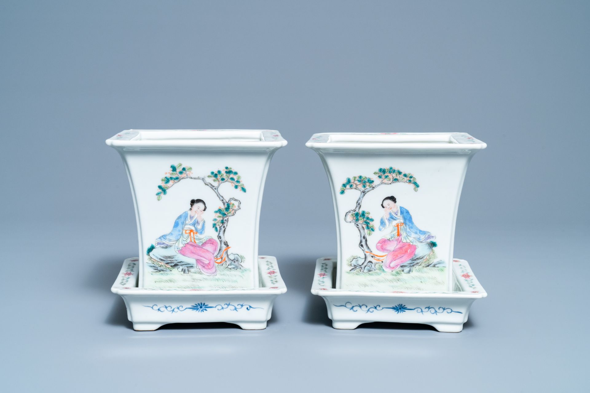 A pair of Chinese famille rose jardinières on stands, Qianlong mark, Republic