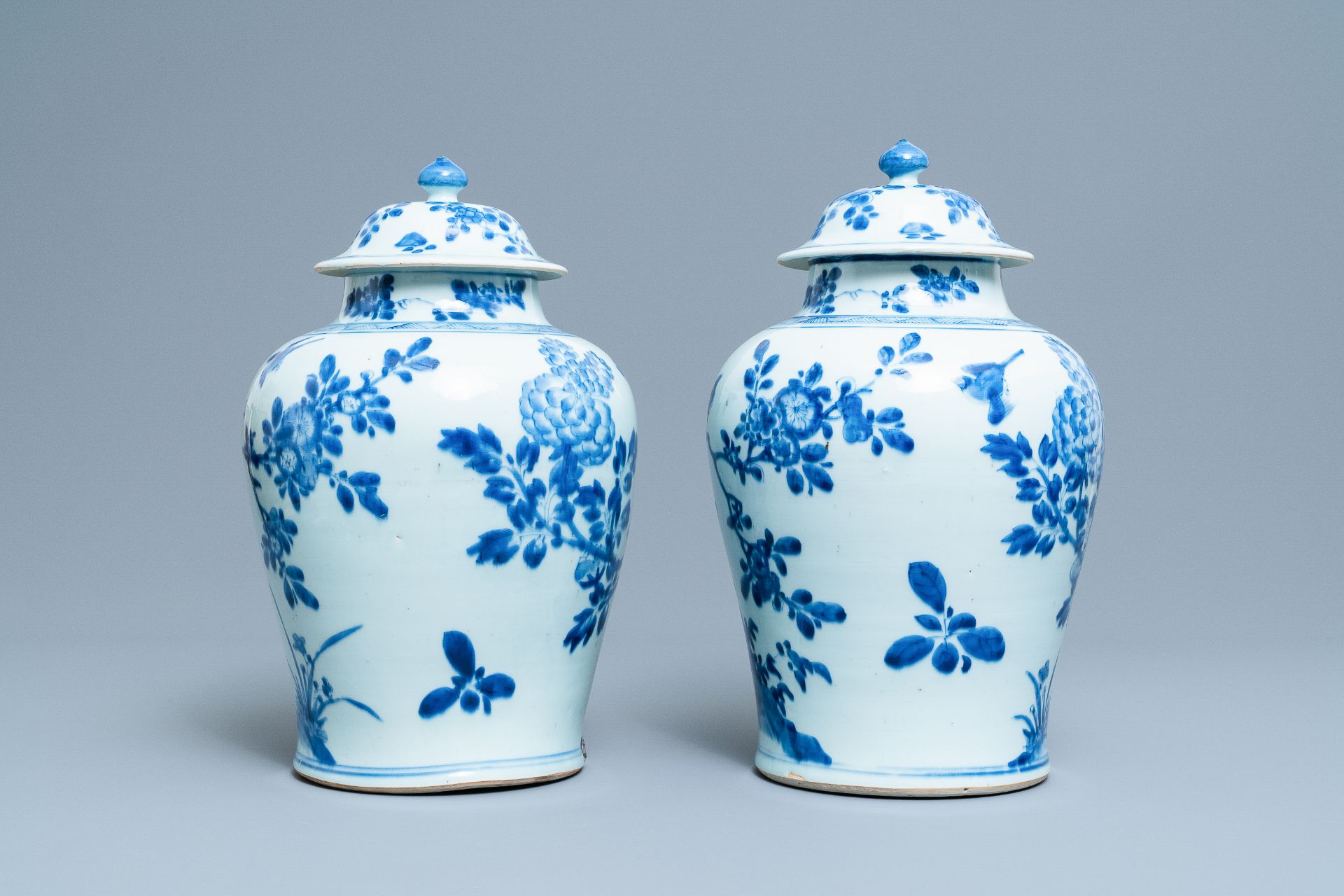 A pair of Chinese blue & white baluster vases & covers with birds, Kangxi - Image 3 of 16