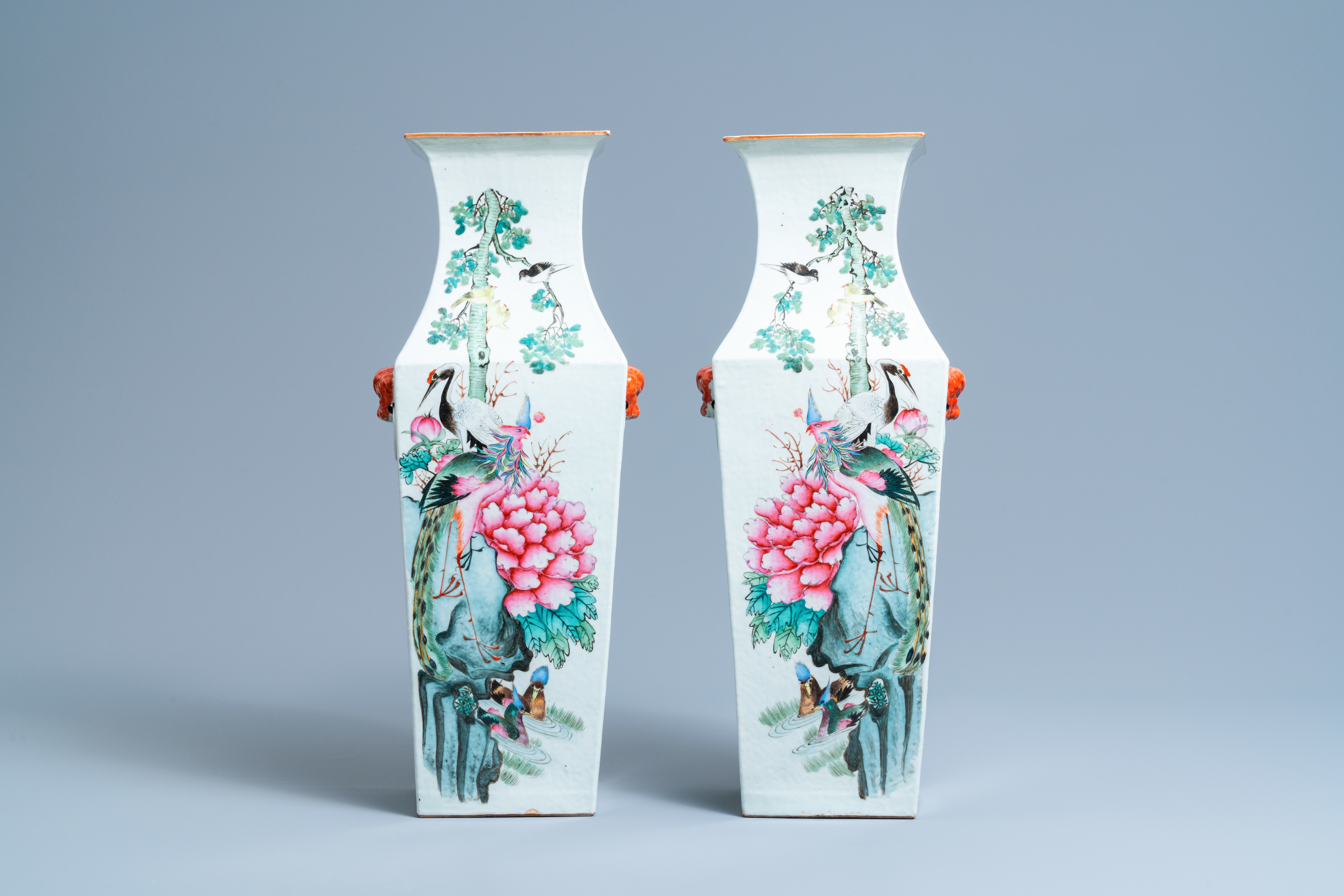 A pair of square Chinese famille rose vases, 19/20th C. - Image 3 of 6