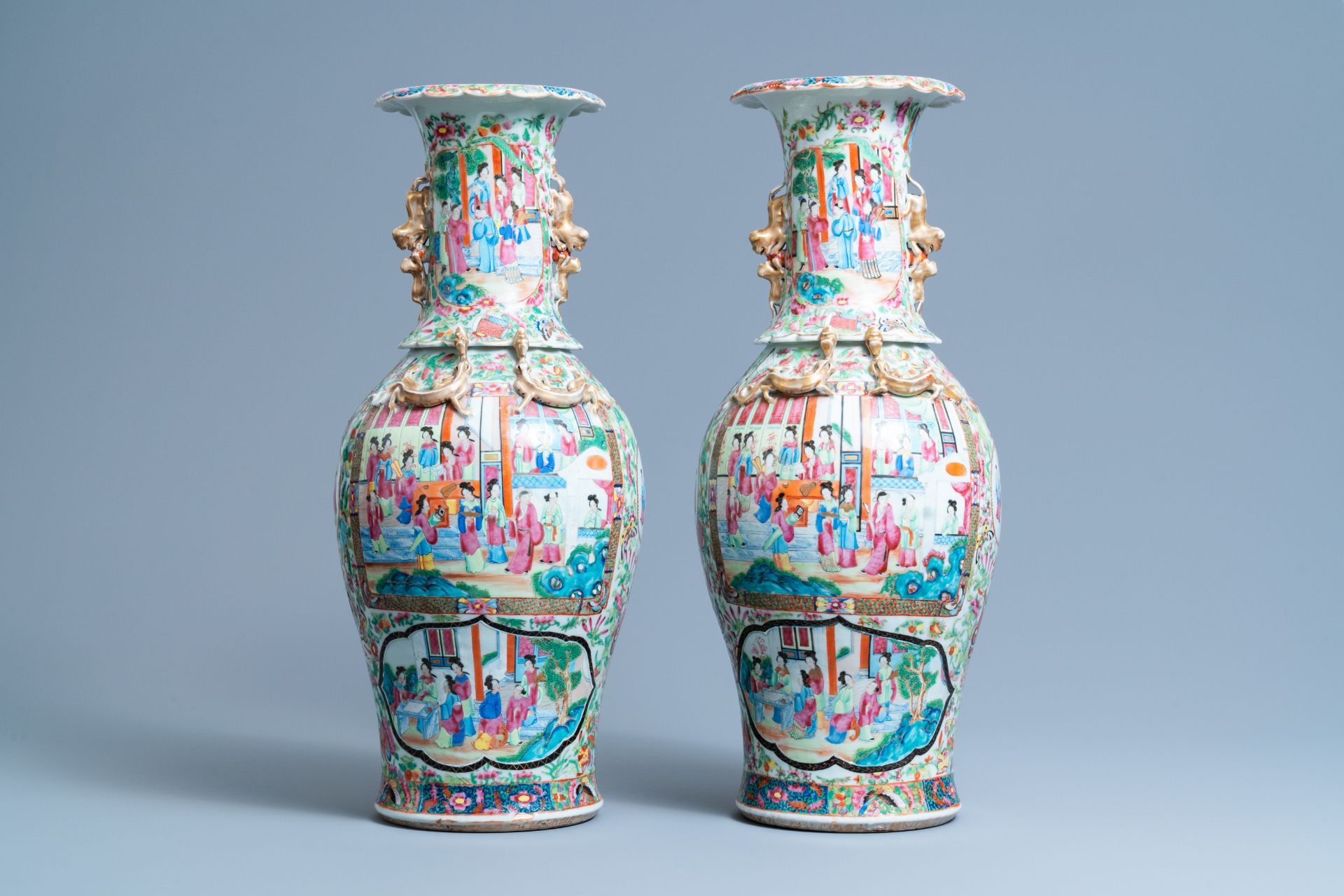 A pair of Chinese Canton famille rose vases, 19th C. - Image 3 of 6