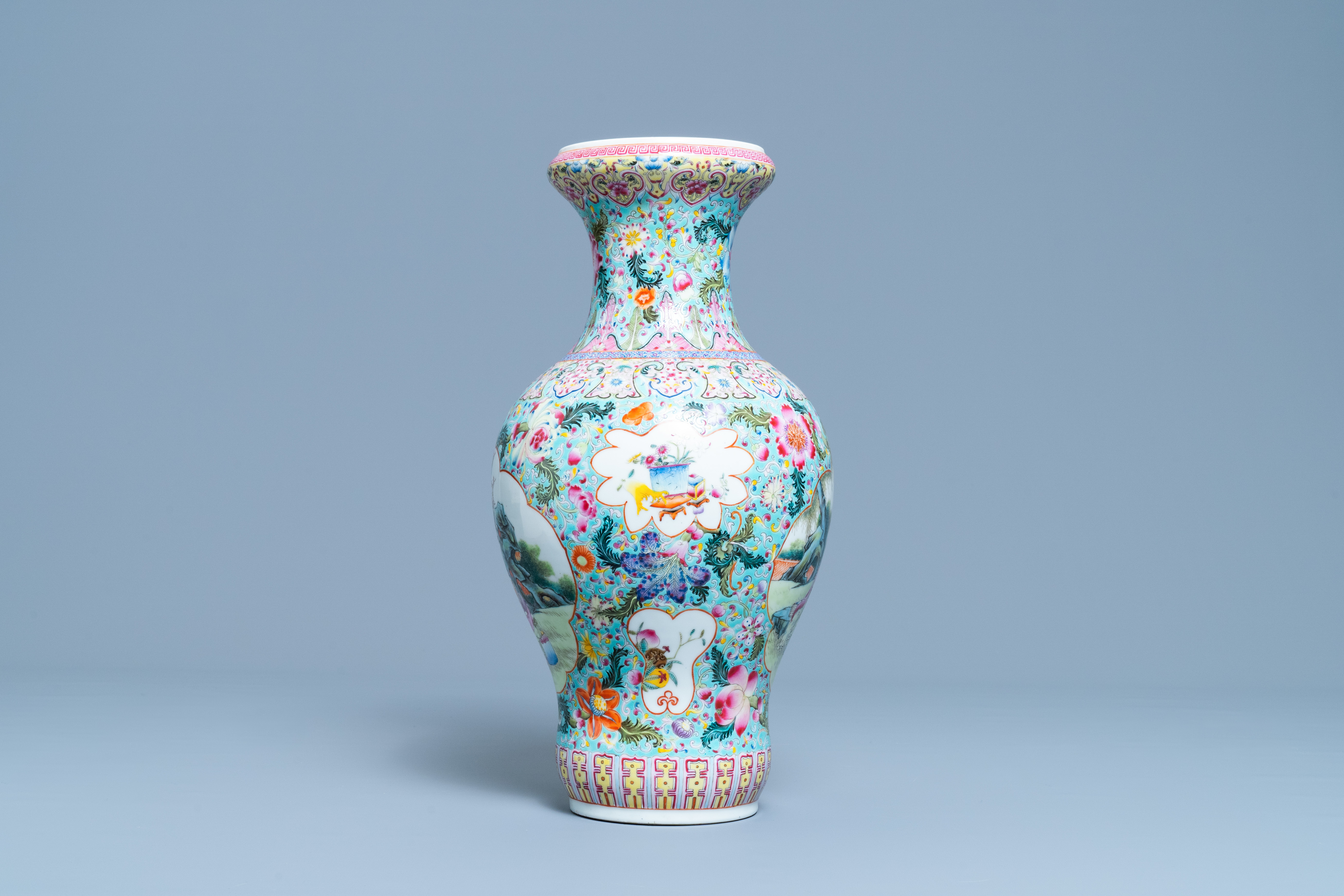 A Chinese famille rose vase with figures in a garden, Qianlong mark, Republic - Image 4 of 6