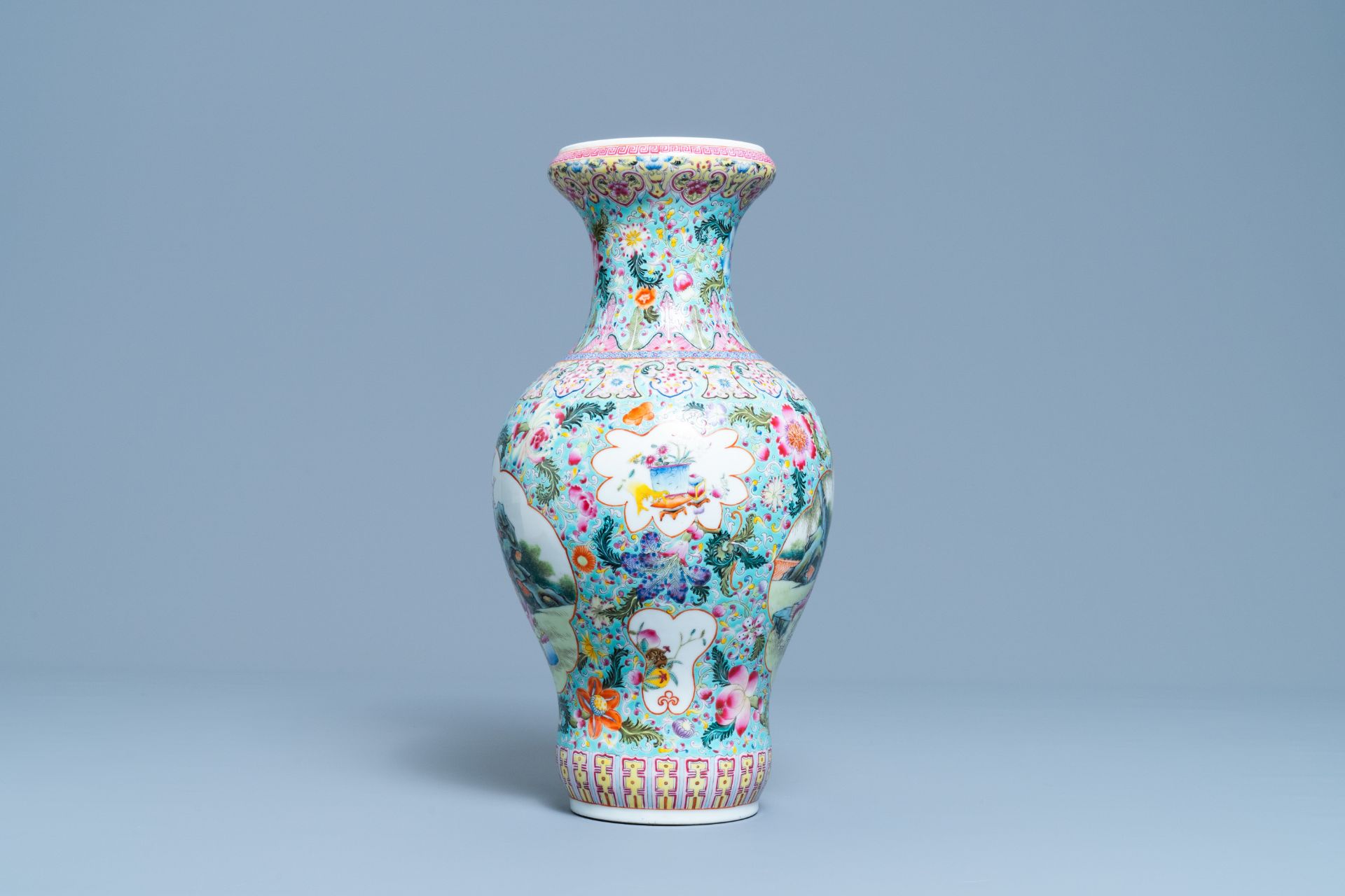 A Chinese famille rose vase with figures in a garden, Qianlong mark, Republic - Image 4 of 6