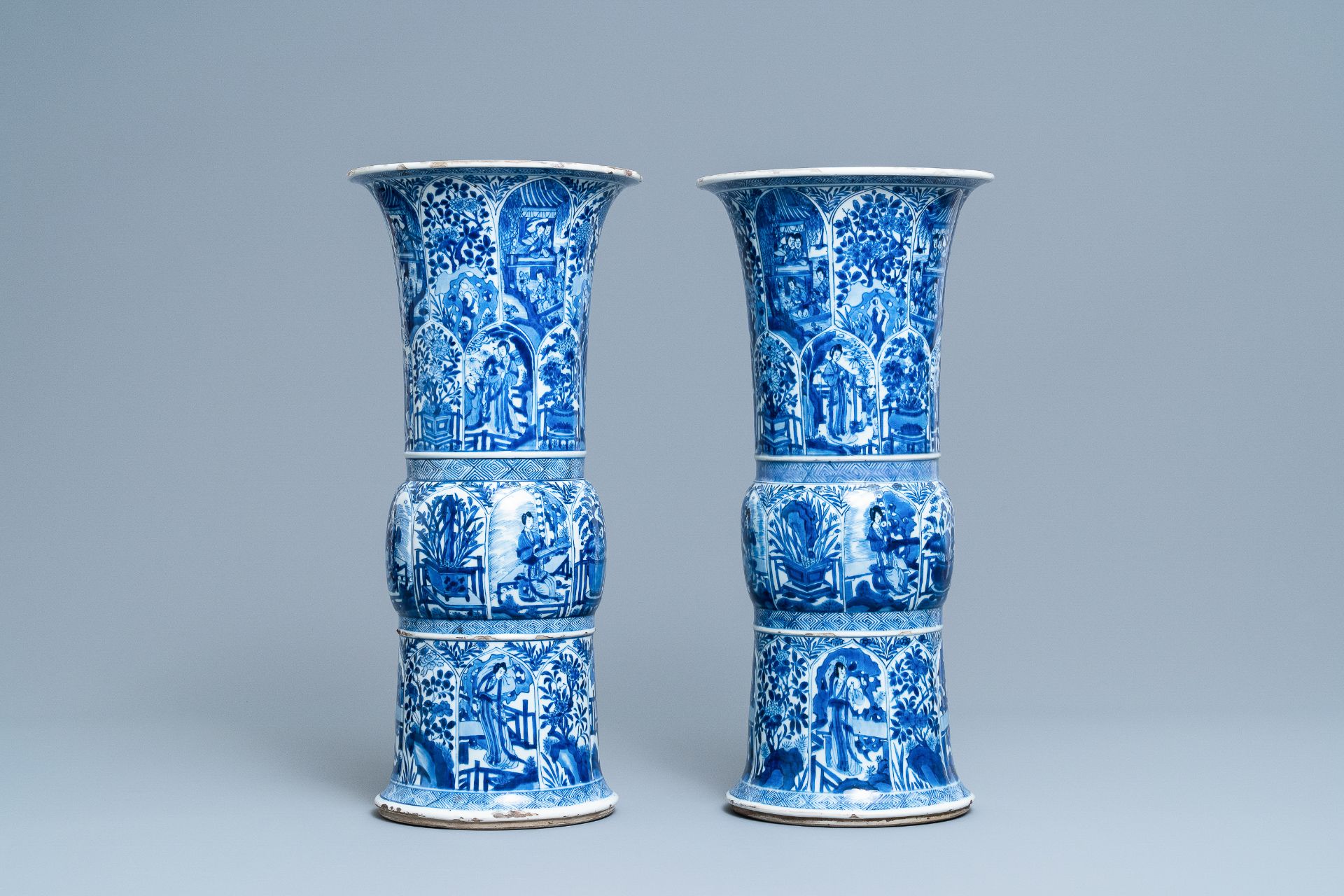 A pair of large Chinese blue and white 'Long Eliza' beaker vases, Kangxi - Image 3 of 36