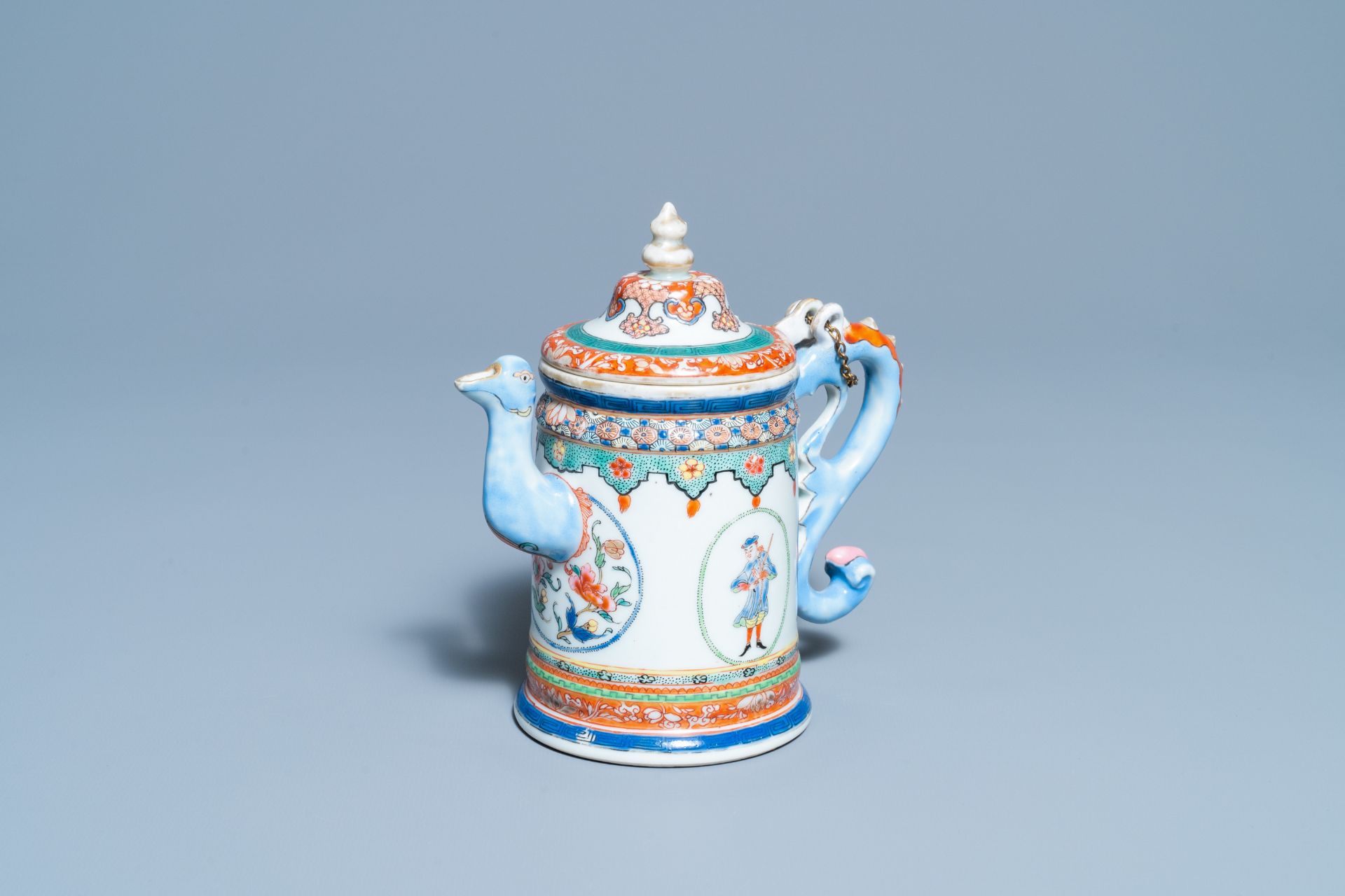 A rare Chinese famille rose 'Europeans' teapot and cover, Qianlong