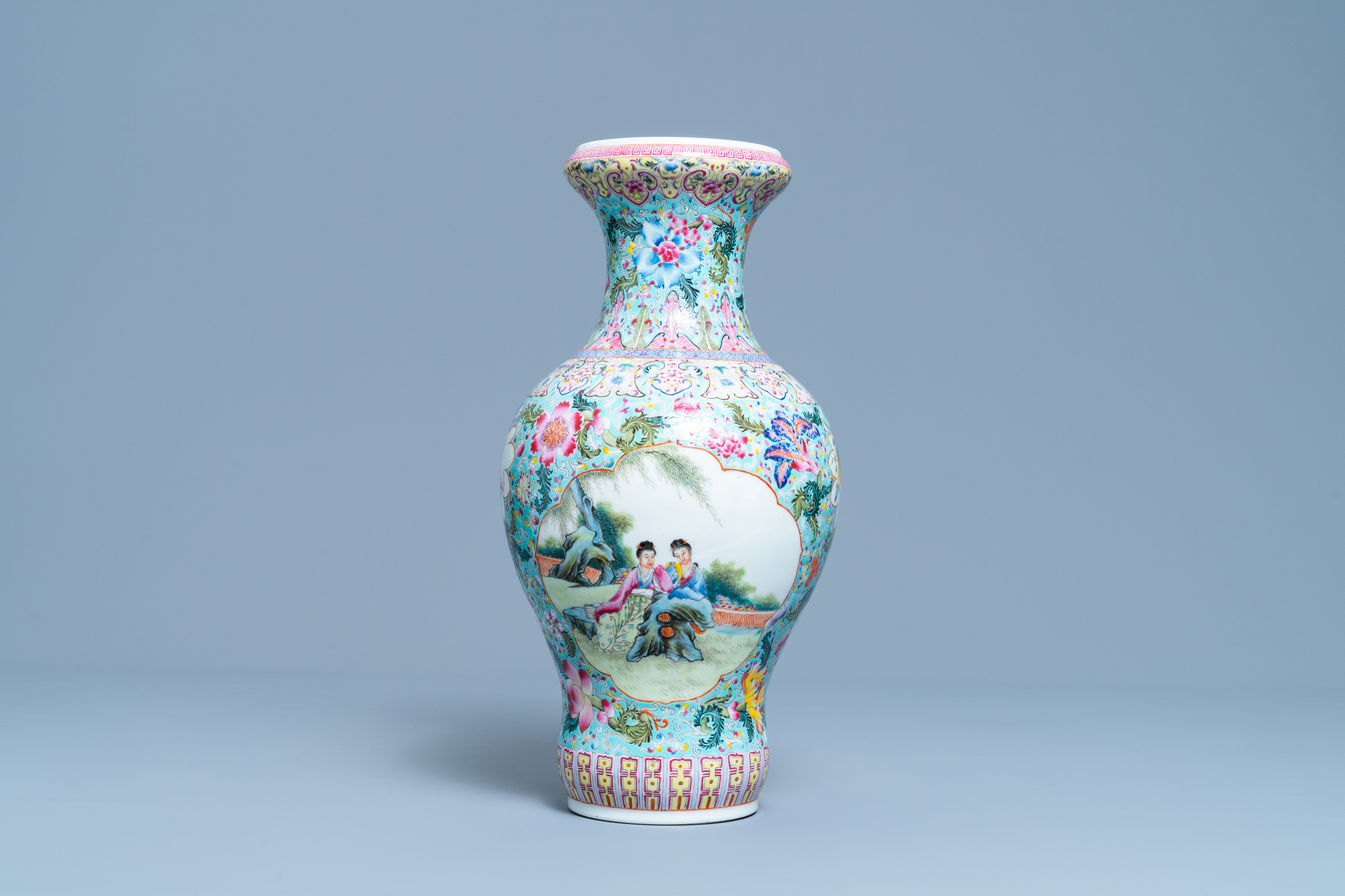 A Chinese famille rose vase with figures in a garden, Qianlong mark, Republic - Image 3 of 6