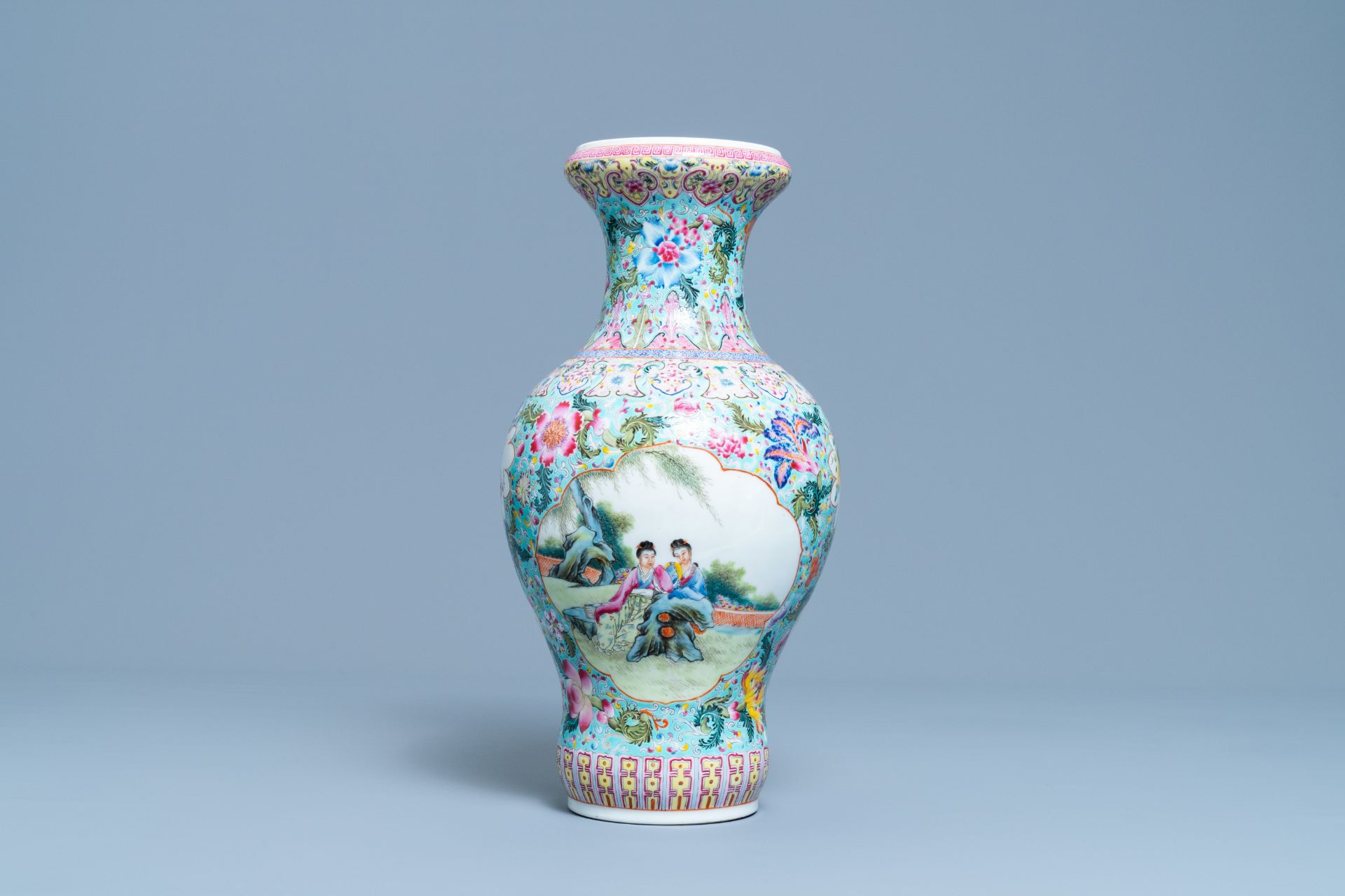 A Chinese famille rose vase with figures in a garden, Qianlong mark, Republic - Image 3 of 6