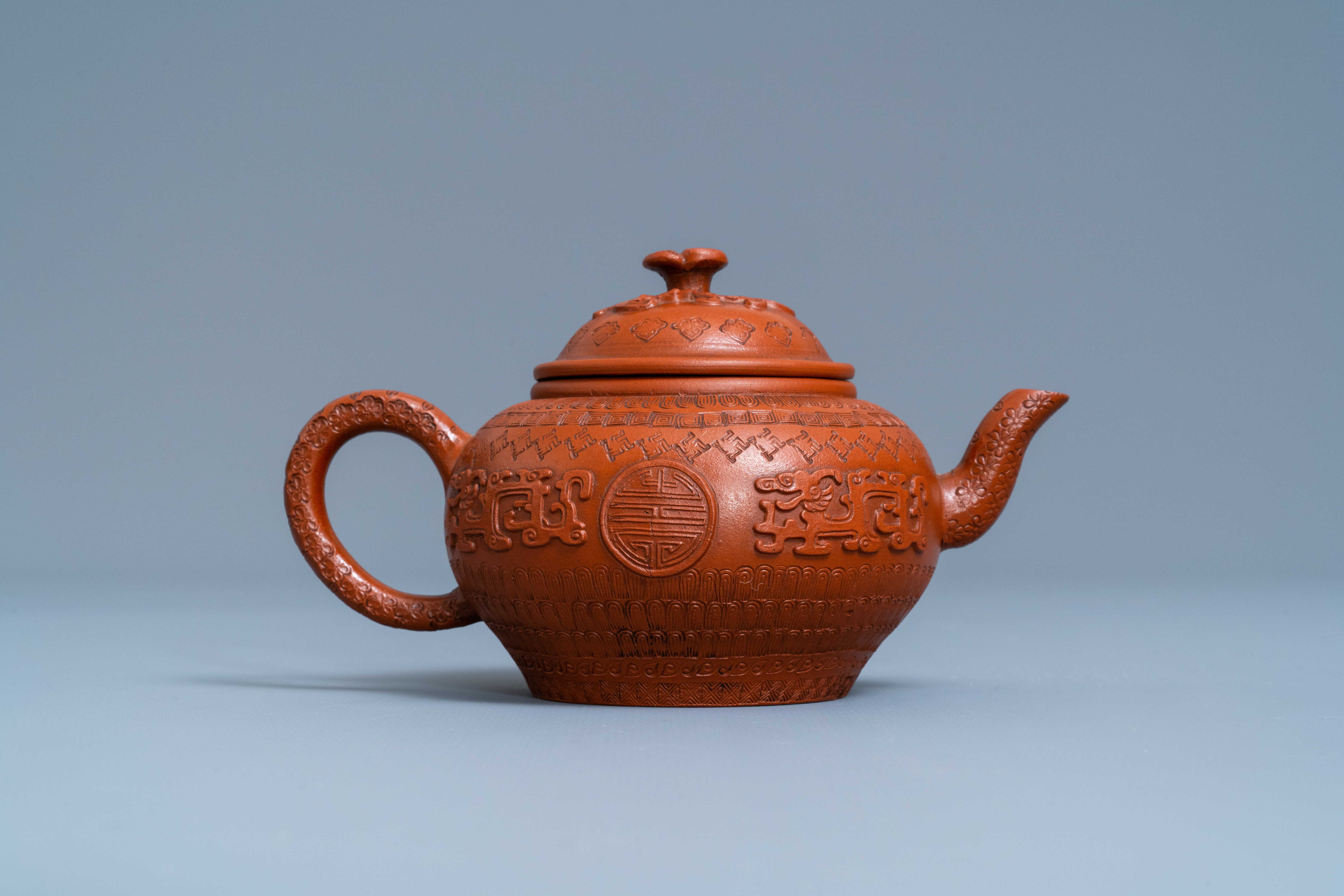 A Chinese Yixing stoneware teapot and cover with applied and impressed design, Kangxi - Image 4 of 7