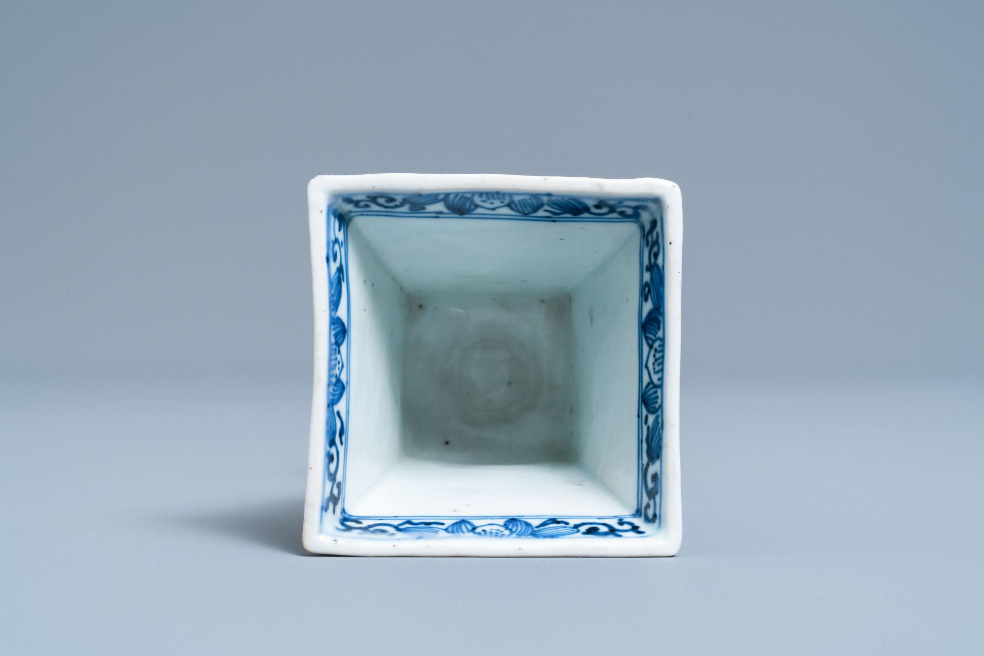 A rare Chinese blue and white tapered square quadrangular stem cup, Kangxi - Image 6 of 7