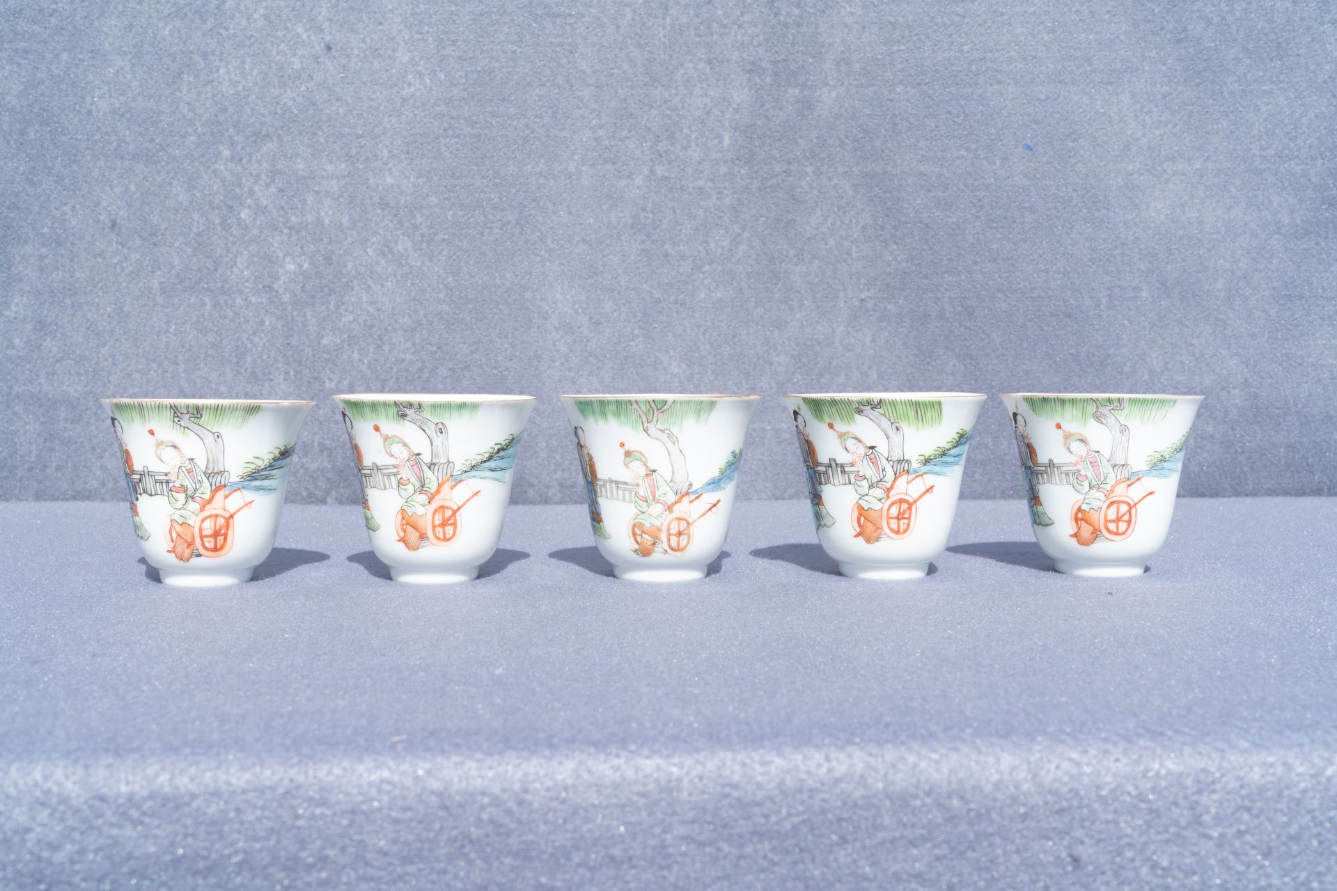 Five Chinese famille rose cups and saucers, Tongzhi mark and of the period - Image 15 of 17