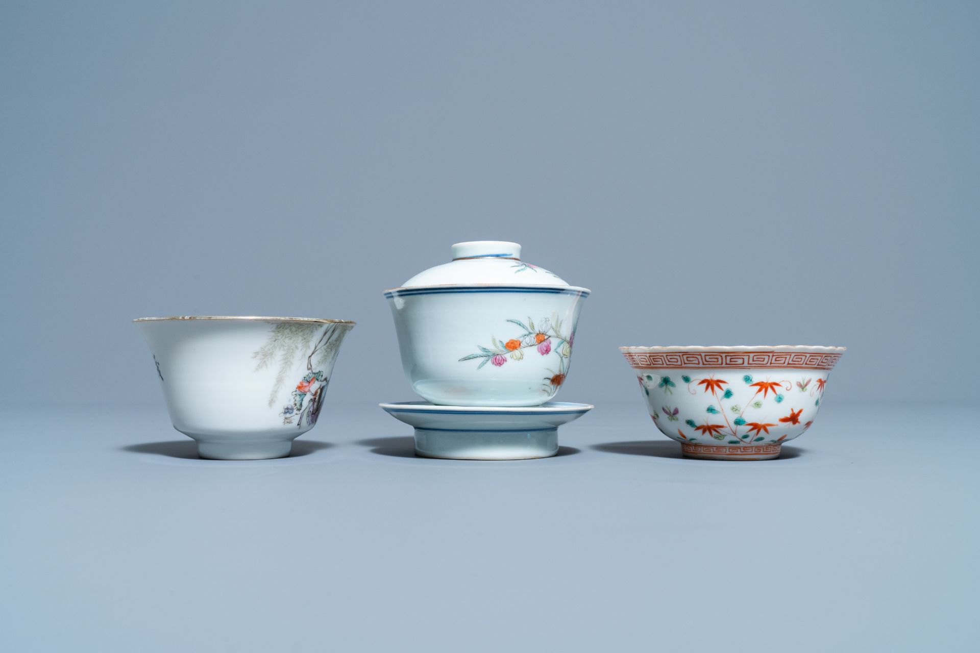 Four Chinese famille rose teapots, three bowls and a caddy, 19/20th C. - Image 18 of 20