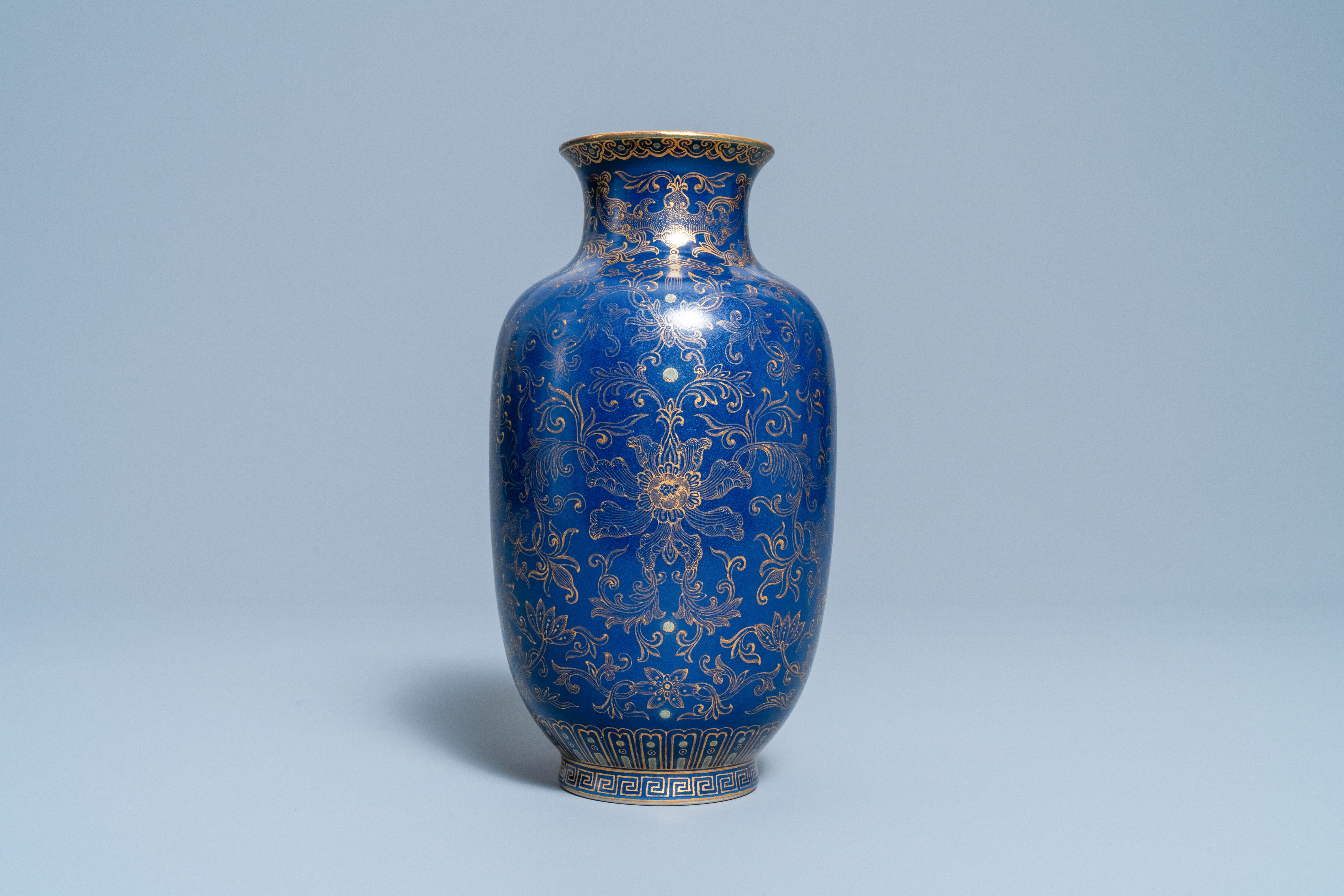 A Chinese gilt-decorated monochrome blue vase, Qianlong mark, Republic - Image 3 of 6