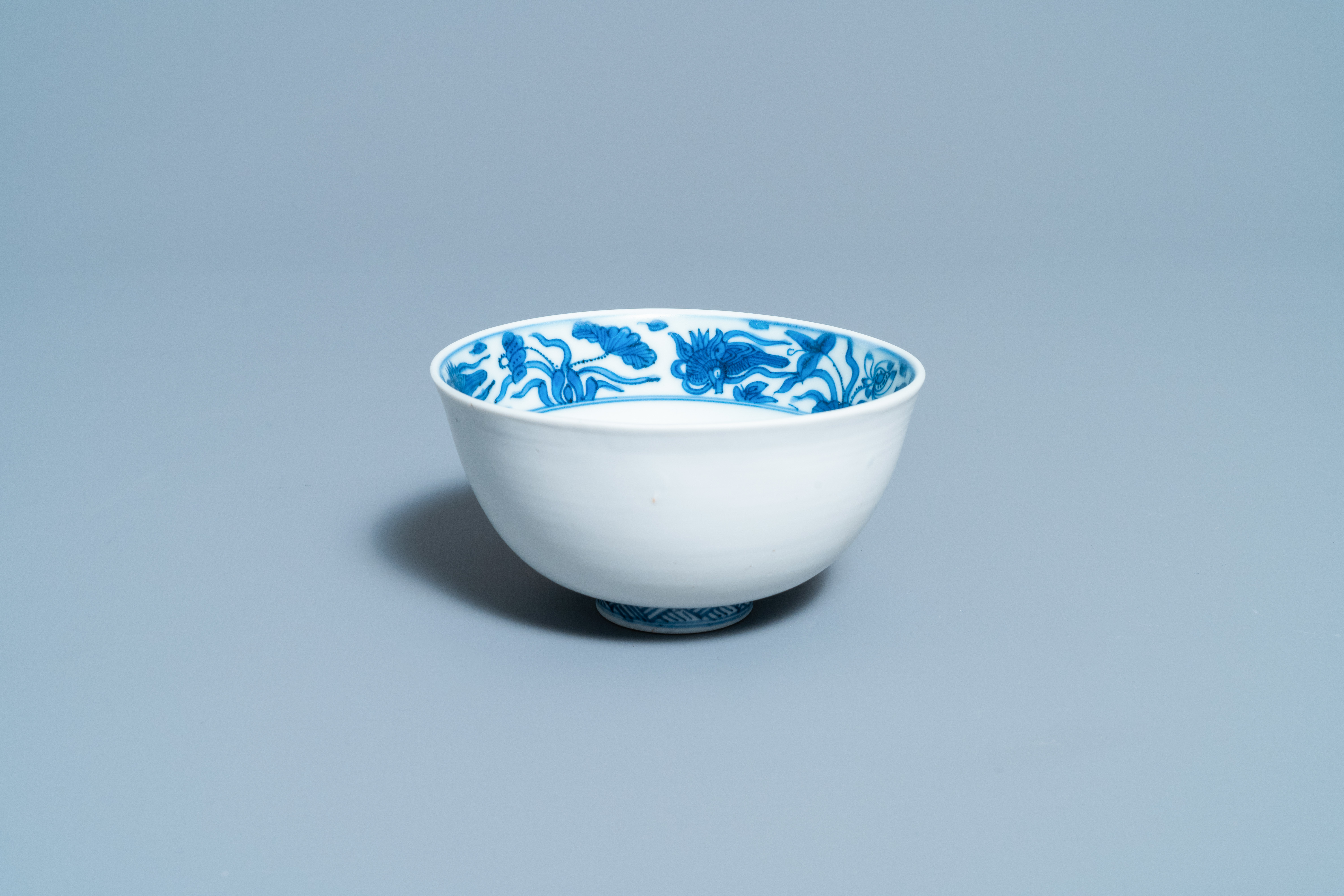 A rare Chinese blue and white 'Mandarin ducks' bowl with matte-glazed exterior, Fu mark, Ming - Image 2 of 7
