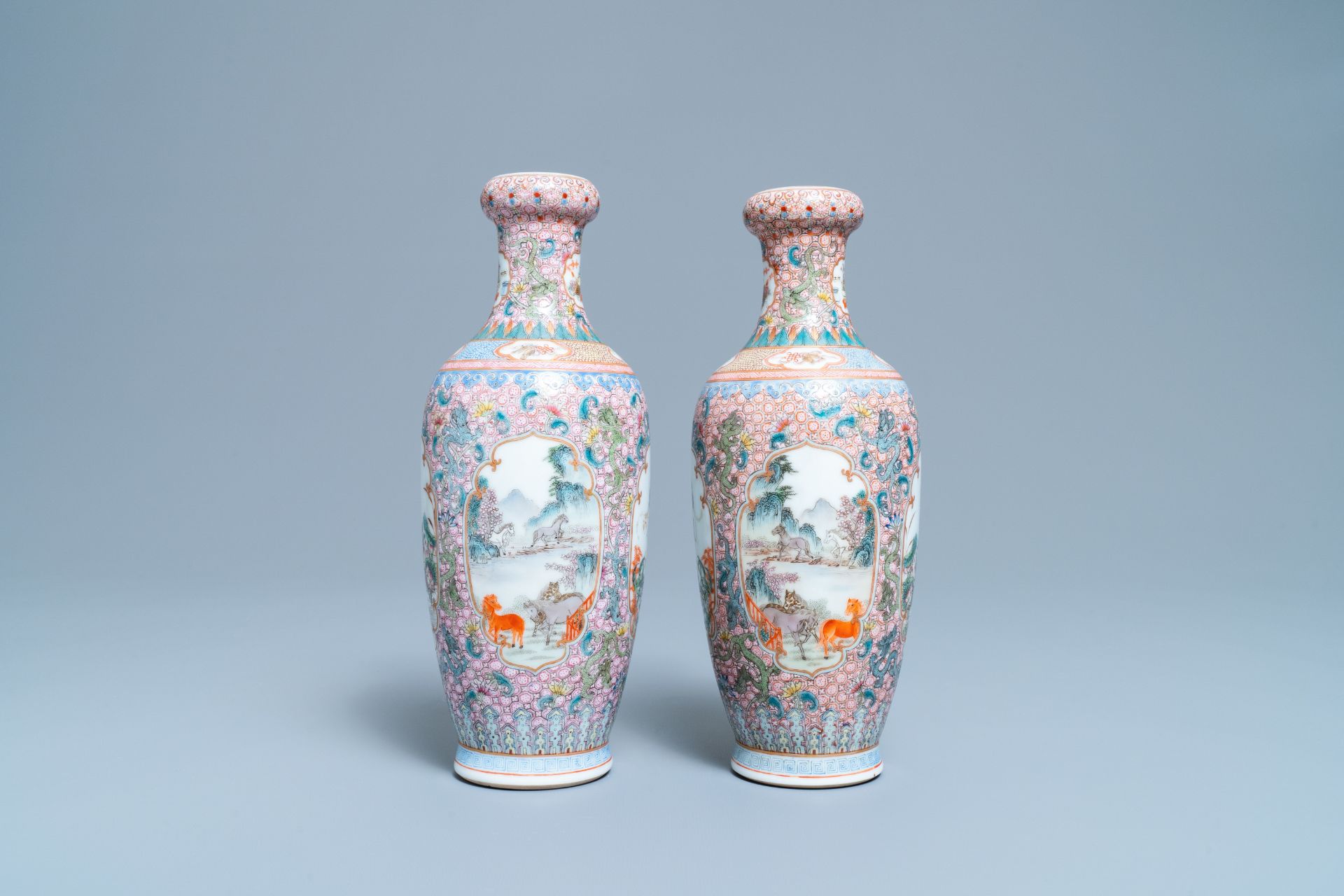 A pair of Chinese famille rose vases with tigers, Qianlong mark, 20th C. - Image 3 of 6