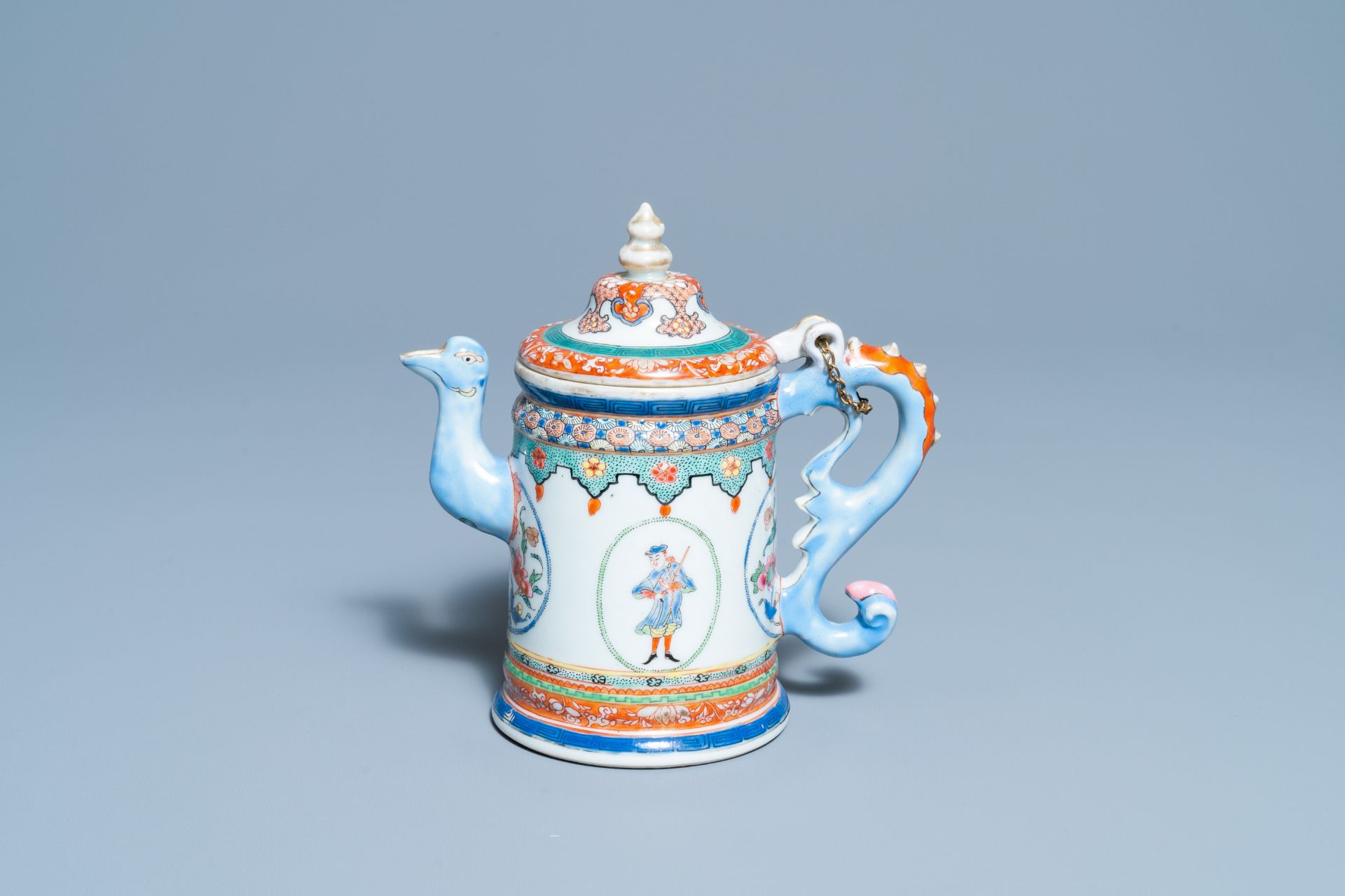A rare Chinese famille rose 'Europeans' teapot and cover, Qianlong - Image 2 of 9