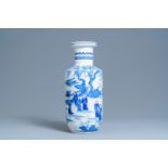 A Chinese blue and white rouleau vase, Kangxi mark, 19/20th C.