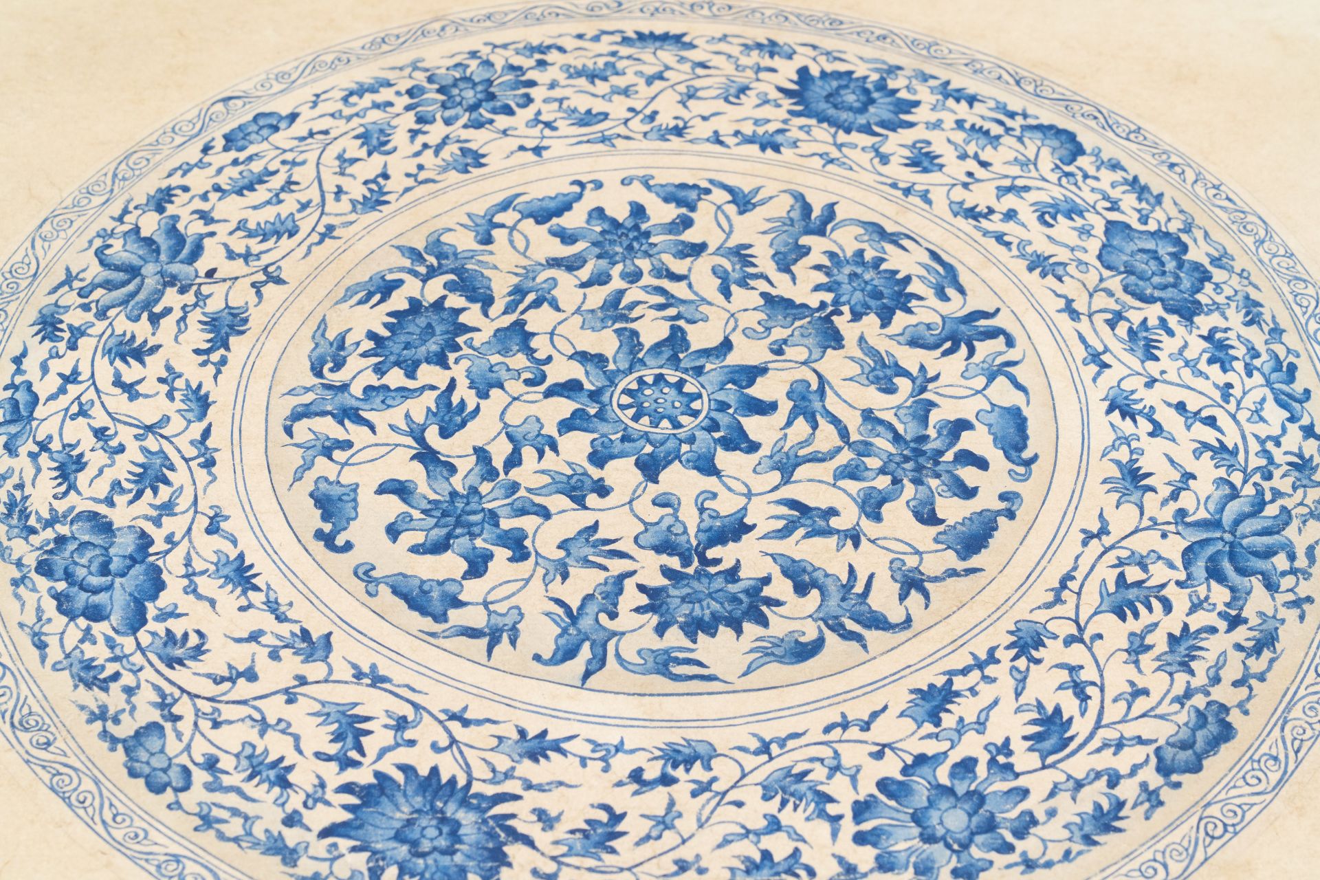 Chinese school, colour on paper, 19th C.: 'A blue and white porcelain Yuan period dish' - Image 18 of 32