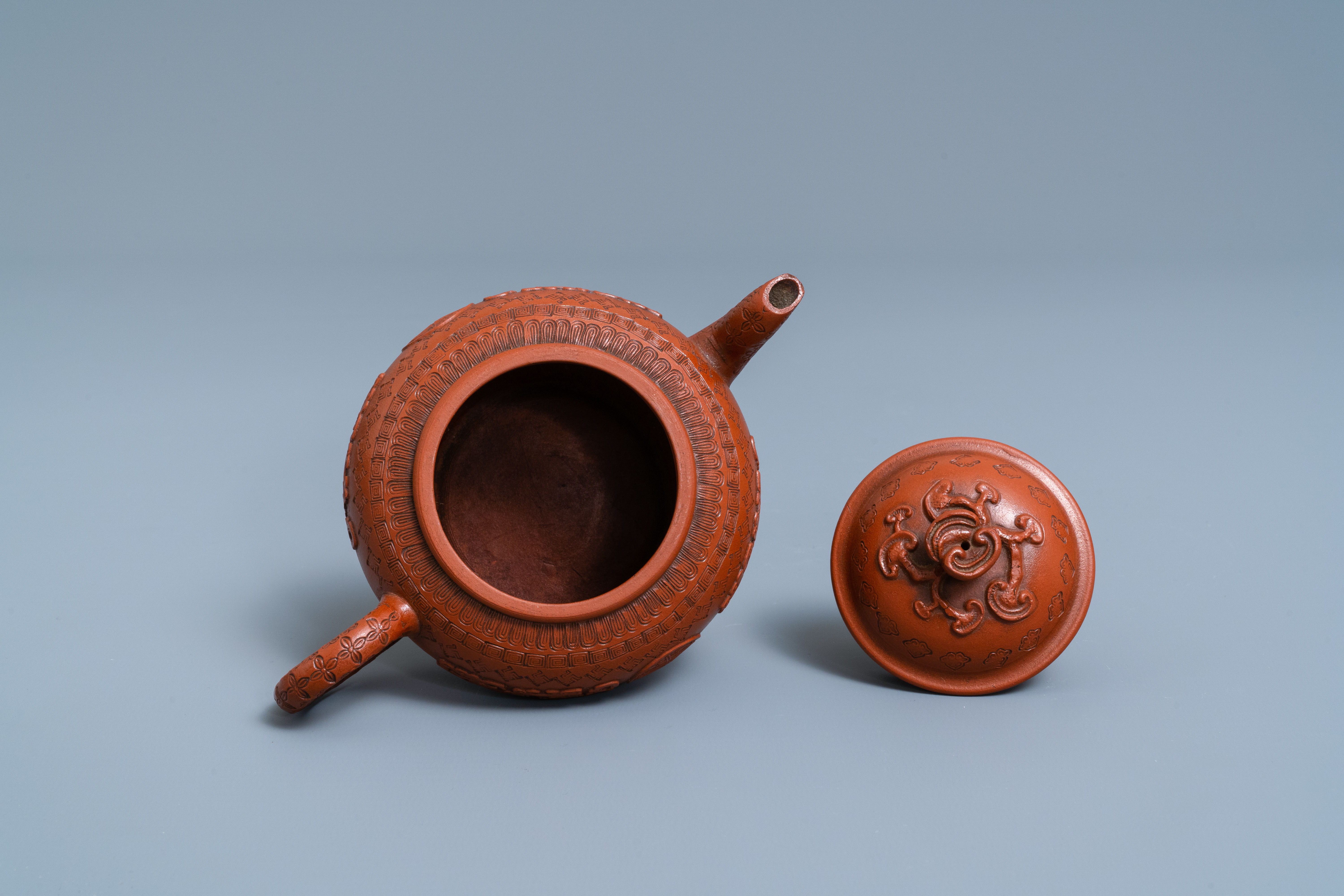 A Chinese Yixing stoneware teapot and cover with applied and impressed design, Kangxi - Image 6 of 7