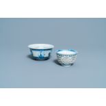 A Chinese blue and white reticulated bowl & a double-walled cup, Transitional period & Kangxi