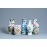 Five Chinese qianjiang cai, famille rose and celadon vases, 19/20th C.