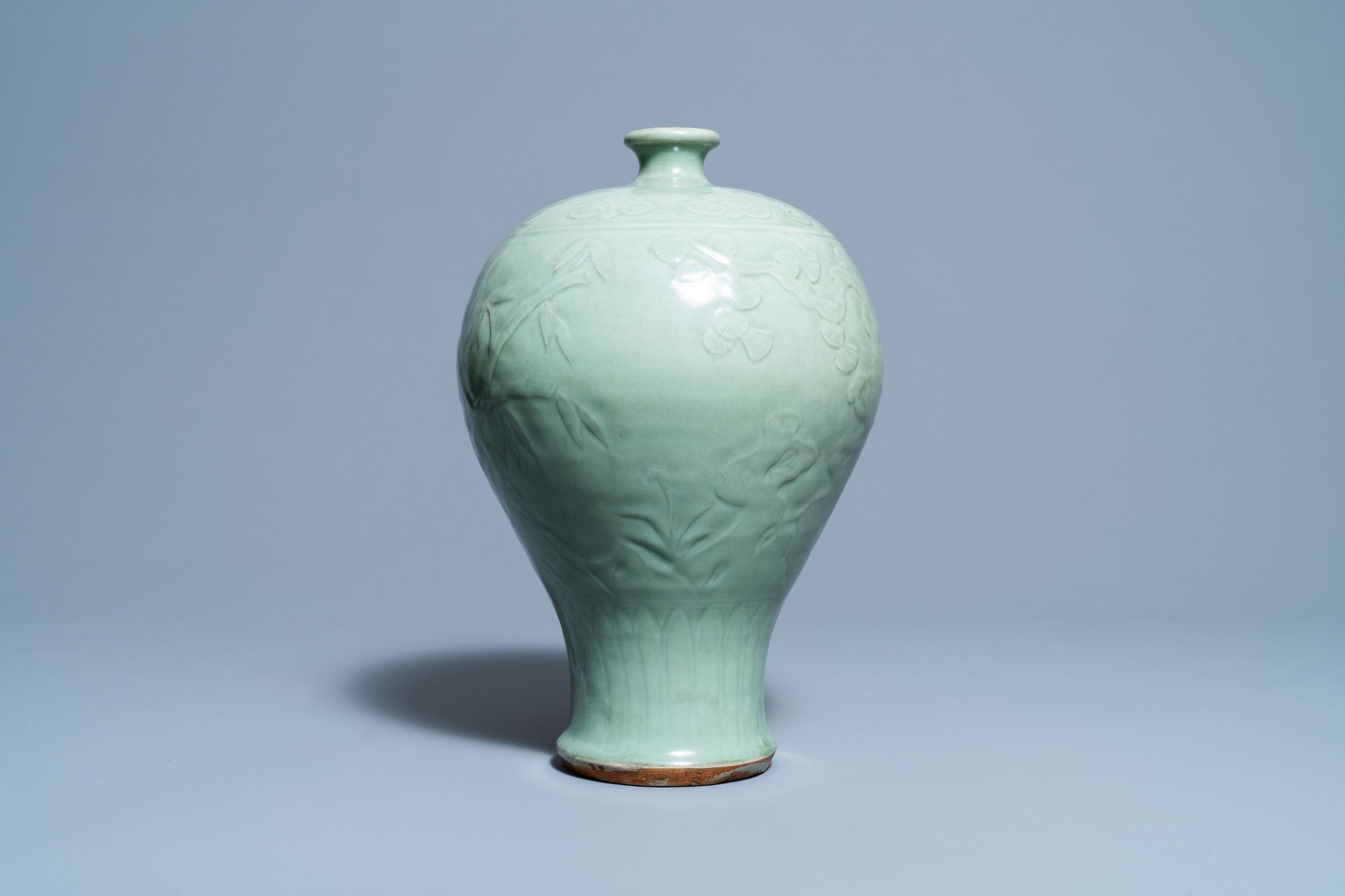 A Chinese Longquan celadon 'Three friends of winter' vase, 'meiping', Ming - Image 8 of 10