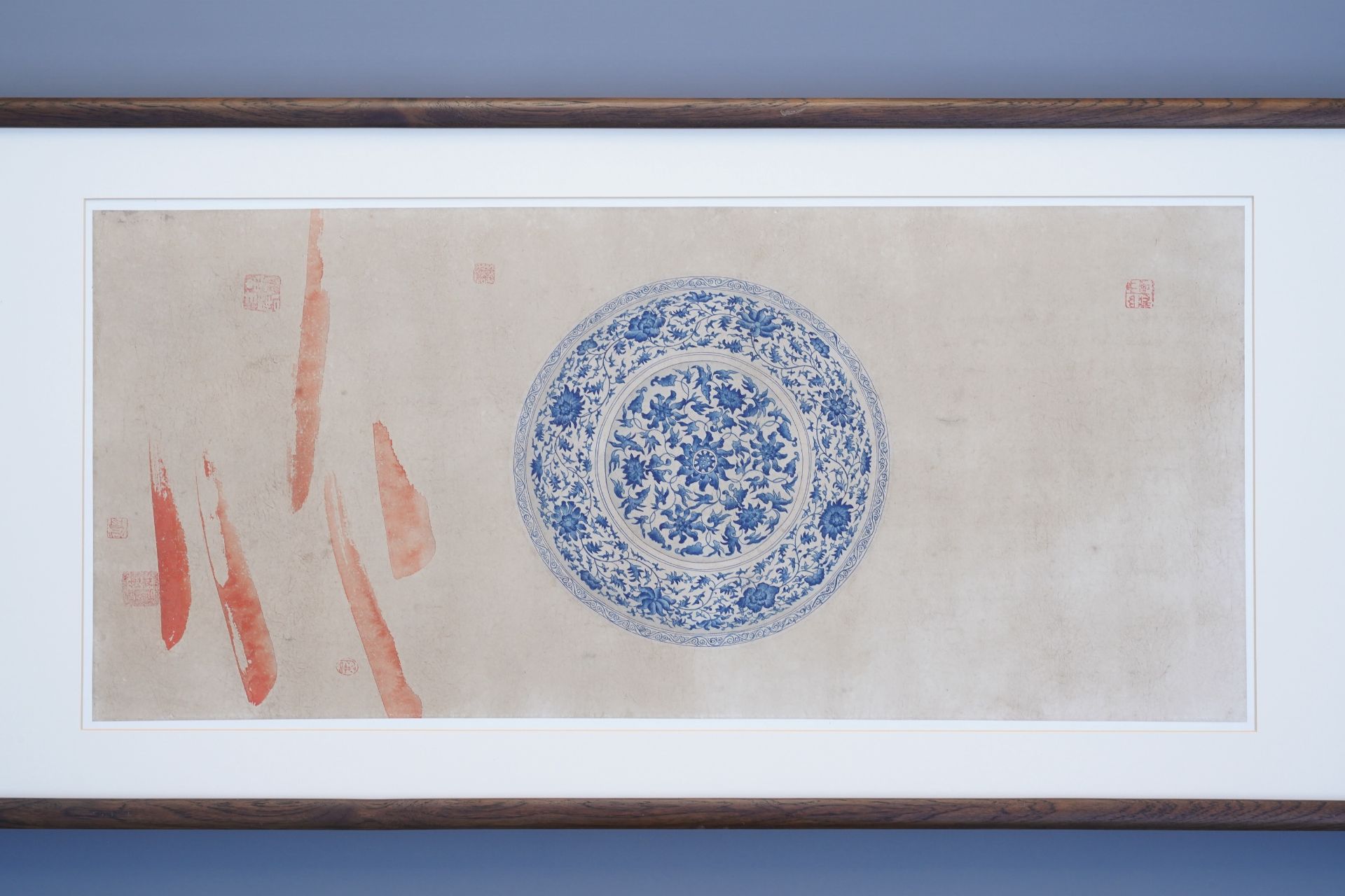 Chinese school, colour on paper, 19th C.: 'A blue and white porcelain Yuan period dish' - Image 21 of 32