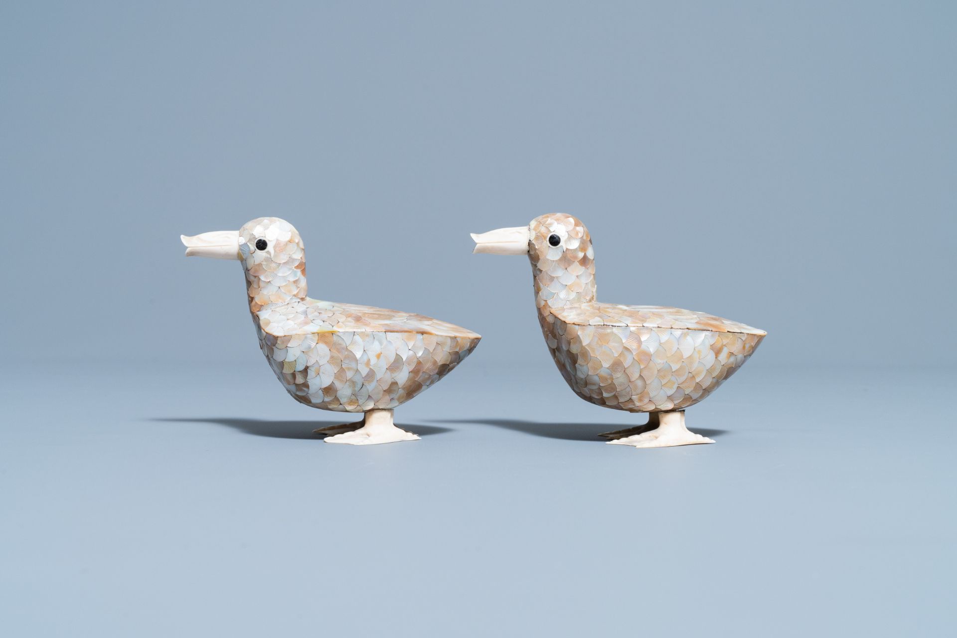 A pair of Chinese bone and mother-of-pearl models of ducks, 19th C. - Image 3 of 8