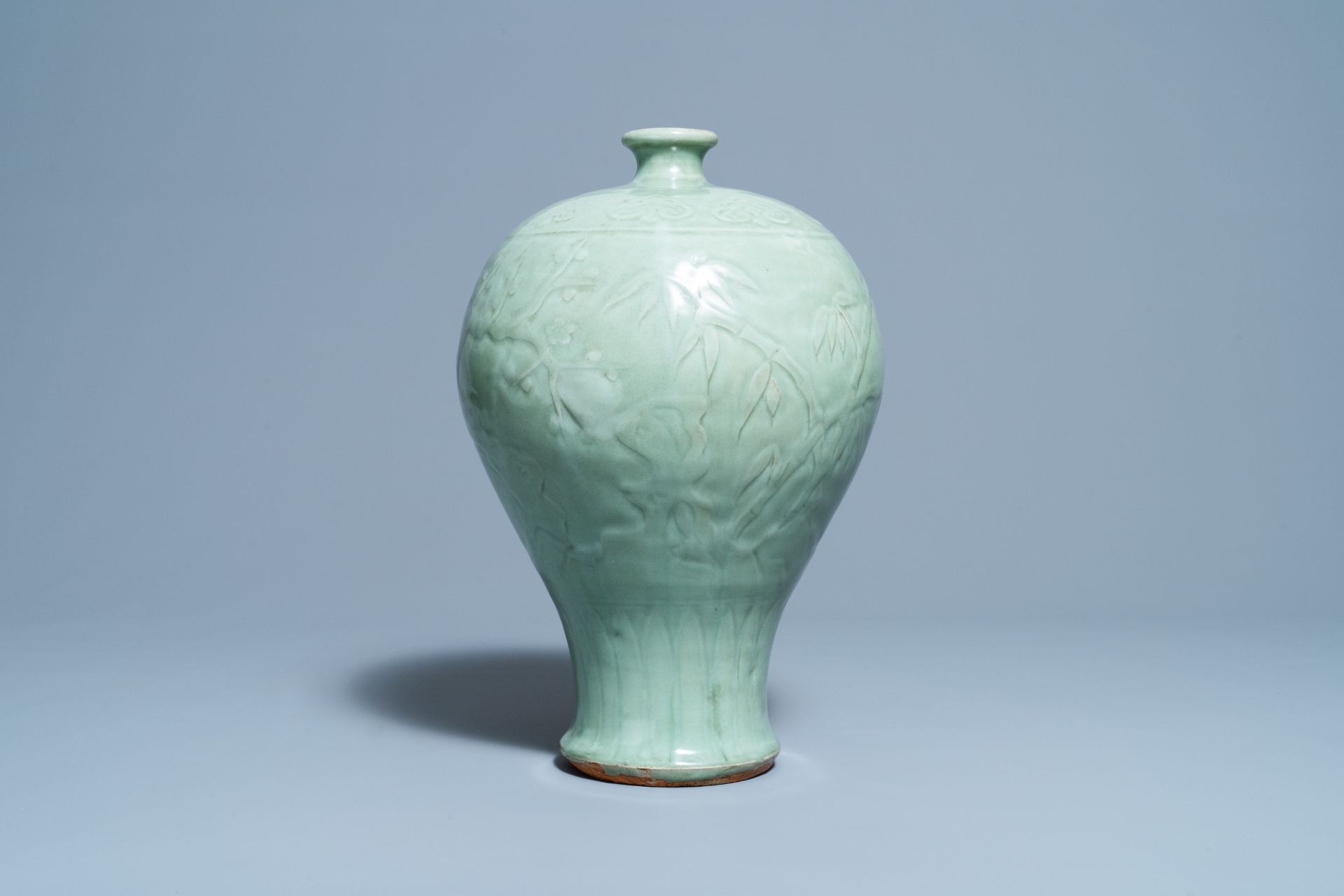 A Chinese Longquan celadon 'Three friends of winter' vase, 'meiping', Ming - Image 4 of 10