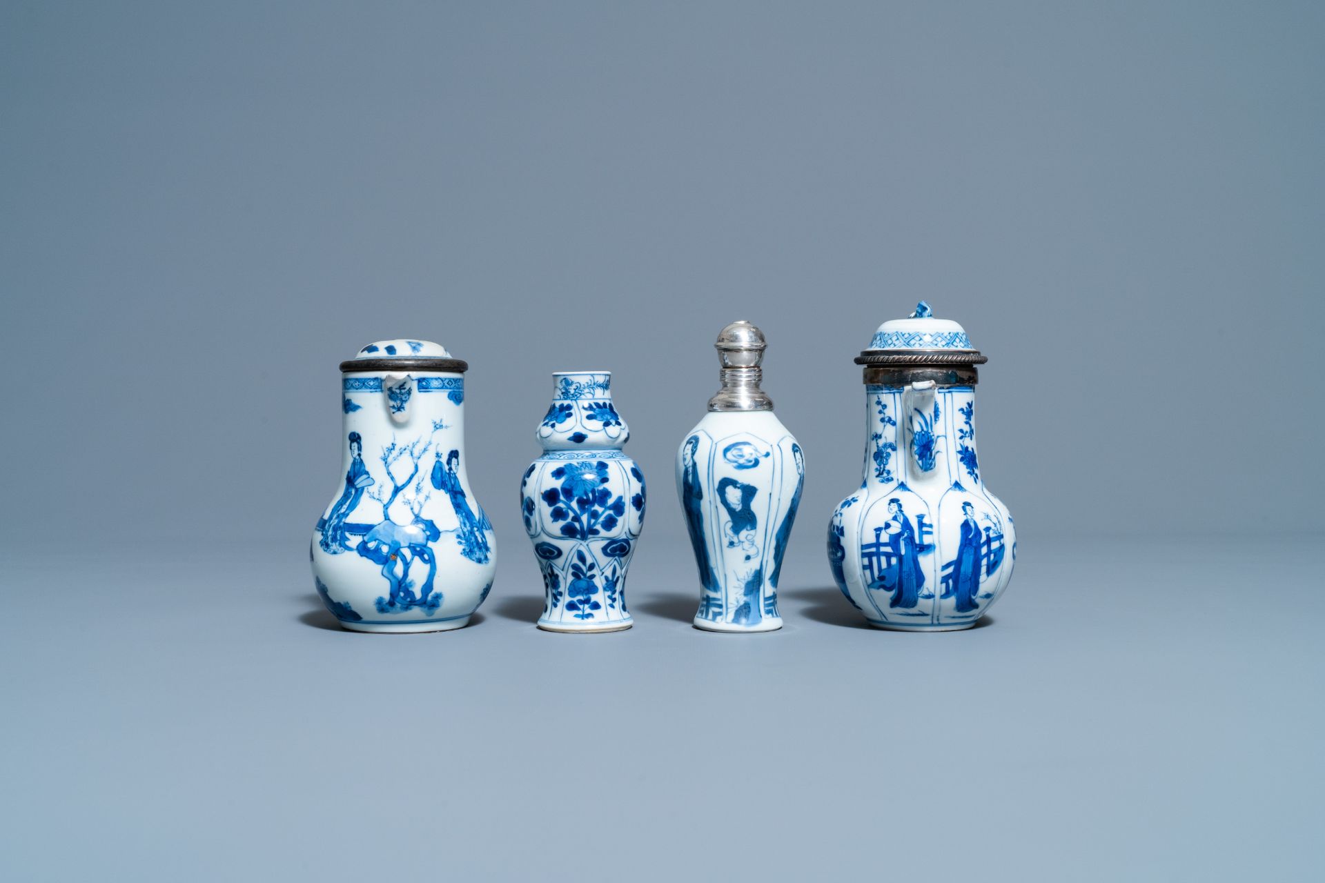 Two Chinese blue and white ewers and covers and two small vases, Kangxi - Image 5 of 8