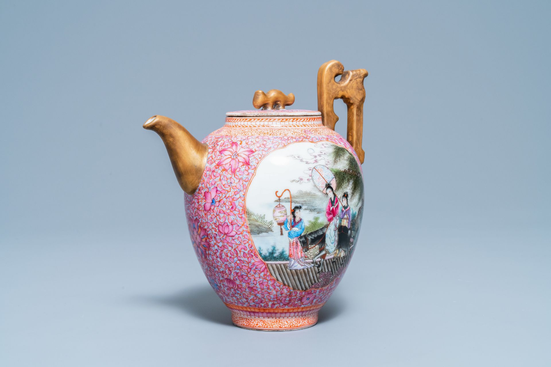 A tall Chinese famille rose wine ewer and cover, Qianlong mark, Republic