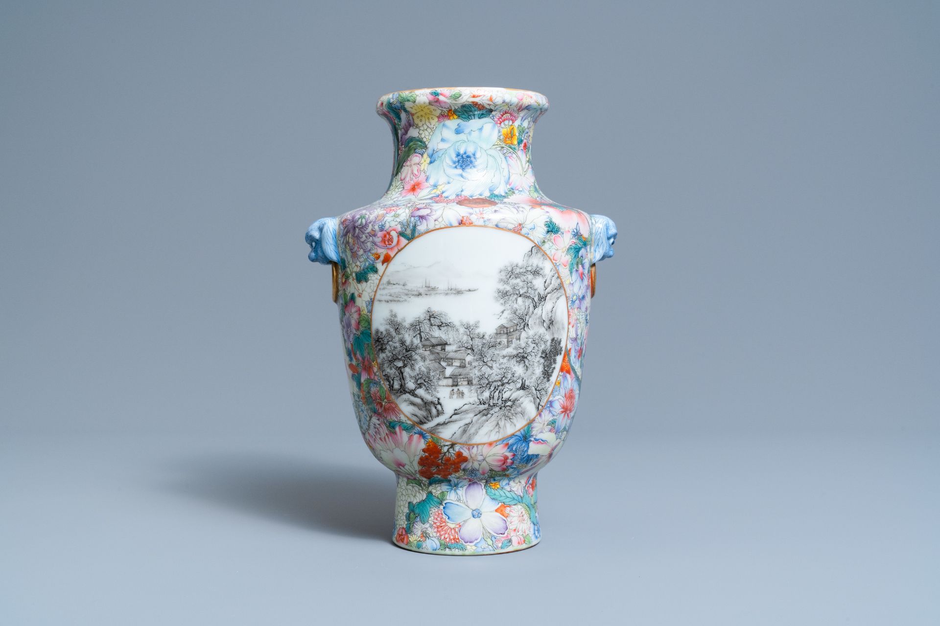 A Chinese famille rose millefleurs vase with grisaille landscape panels, Qianlong mark, Republic - Image 3 of 6