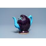 A Chinese aubergine- and turquoise-glazed peach-shaped cadogan teapot, 18/19th C.