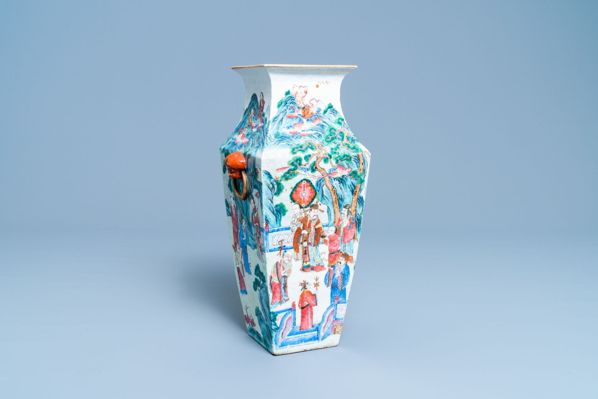 A square Chinese famille rose 'immortals' vase, 19th C.