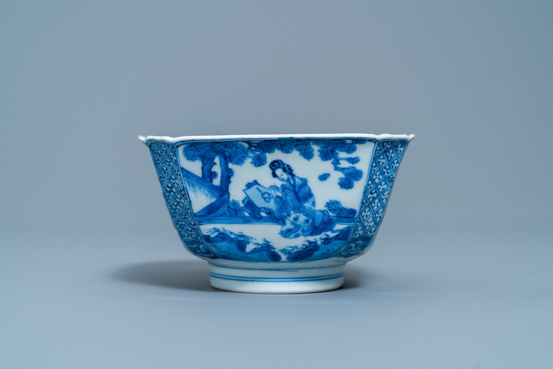A Chinese blue and white bowl with a lady with cat, Kangxi mark and of the period - Image 3 of 15