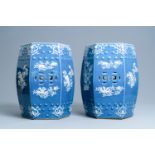 A pair of hexagonal blue-ground Chinese garden seats, 19th C.